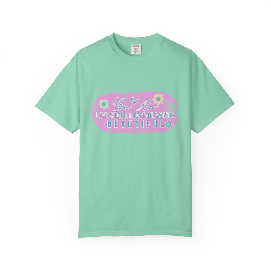 Textured T-Shirt — She is Brave, Strong, Worthy, Beautiful Floral Graphic Tee