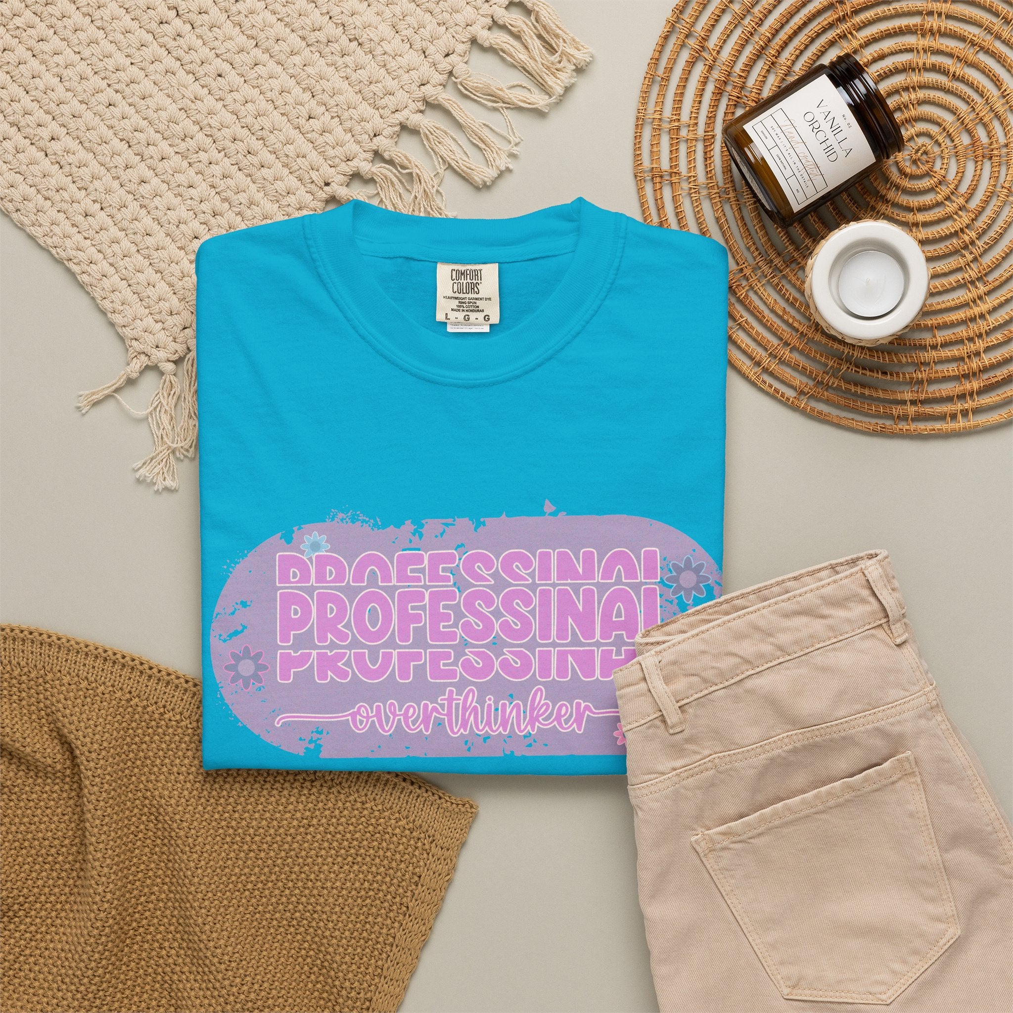 Professional Overthinker  Floral Textured T-Shirt — Retro Pink Graphic Tee