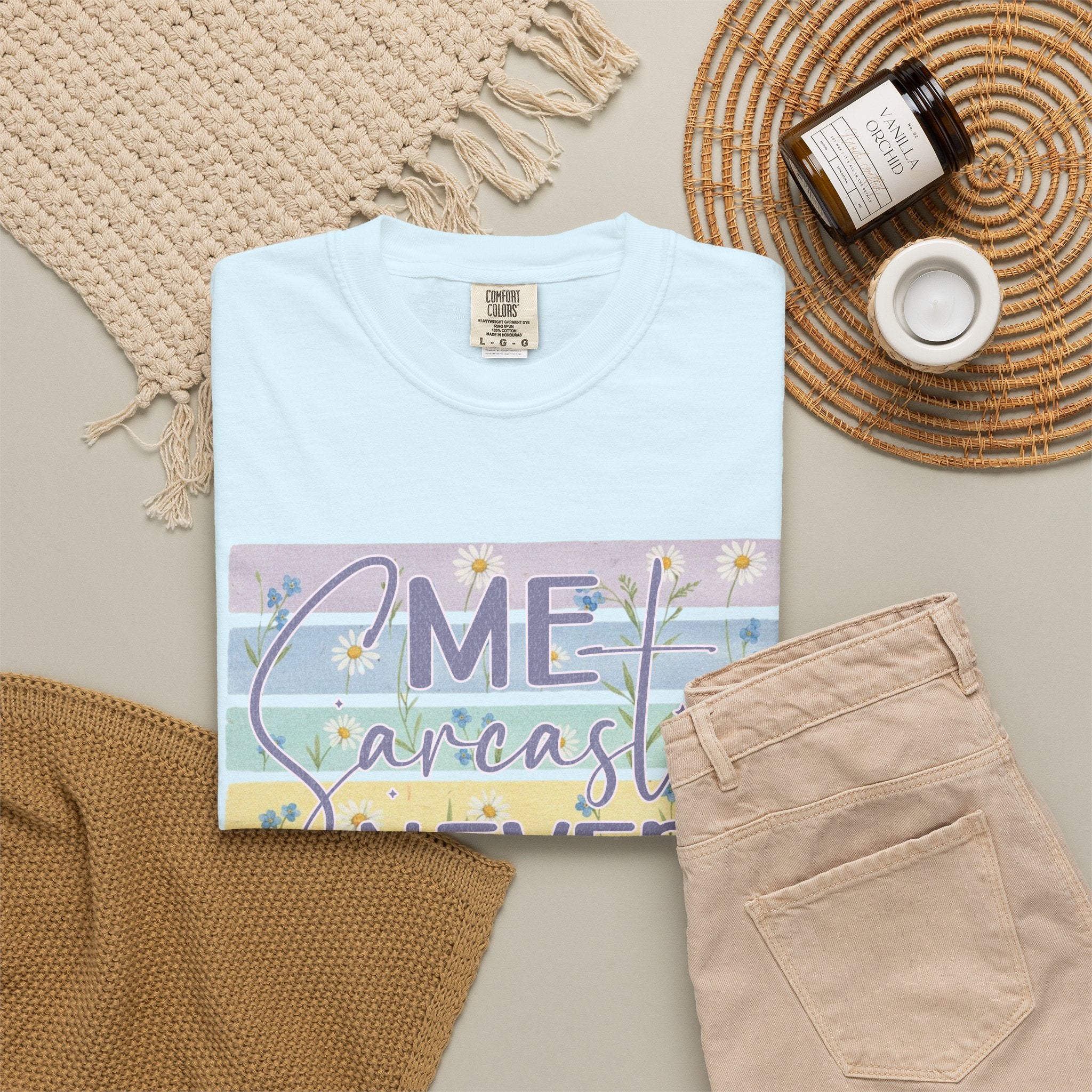 Textured Sarcastic Never T-Shirt — Pastel Striped 'Me? Sarcastic? Never' Graphic Tee