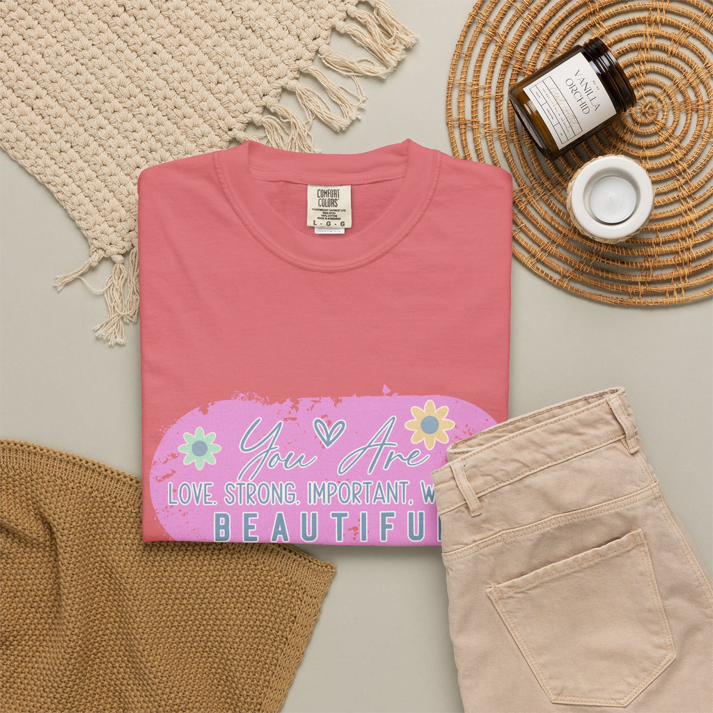 Textured T-Shirt — She is Brave, Strong, Worthy, Beautiful Floral Graphic Tee