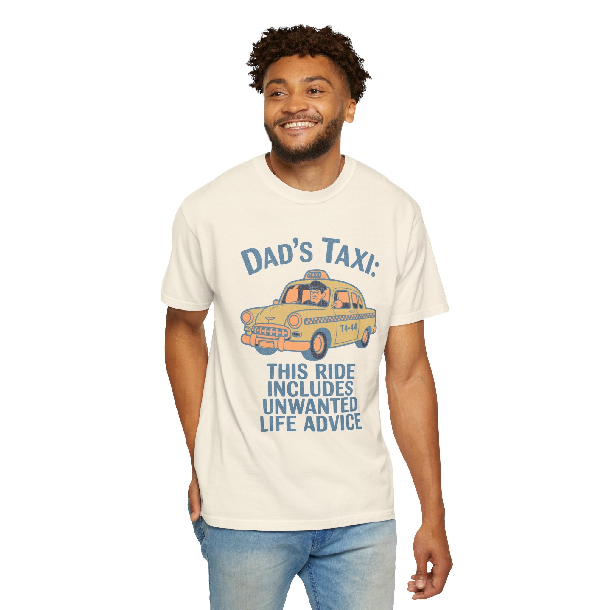 Textured Dad's Taxi T-Shirt — "This Ride Includes Unwanted Life Advice" Funny Father's Day Tee