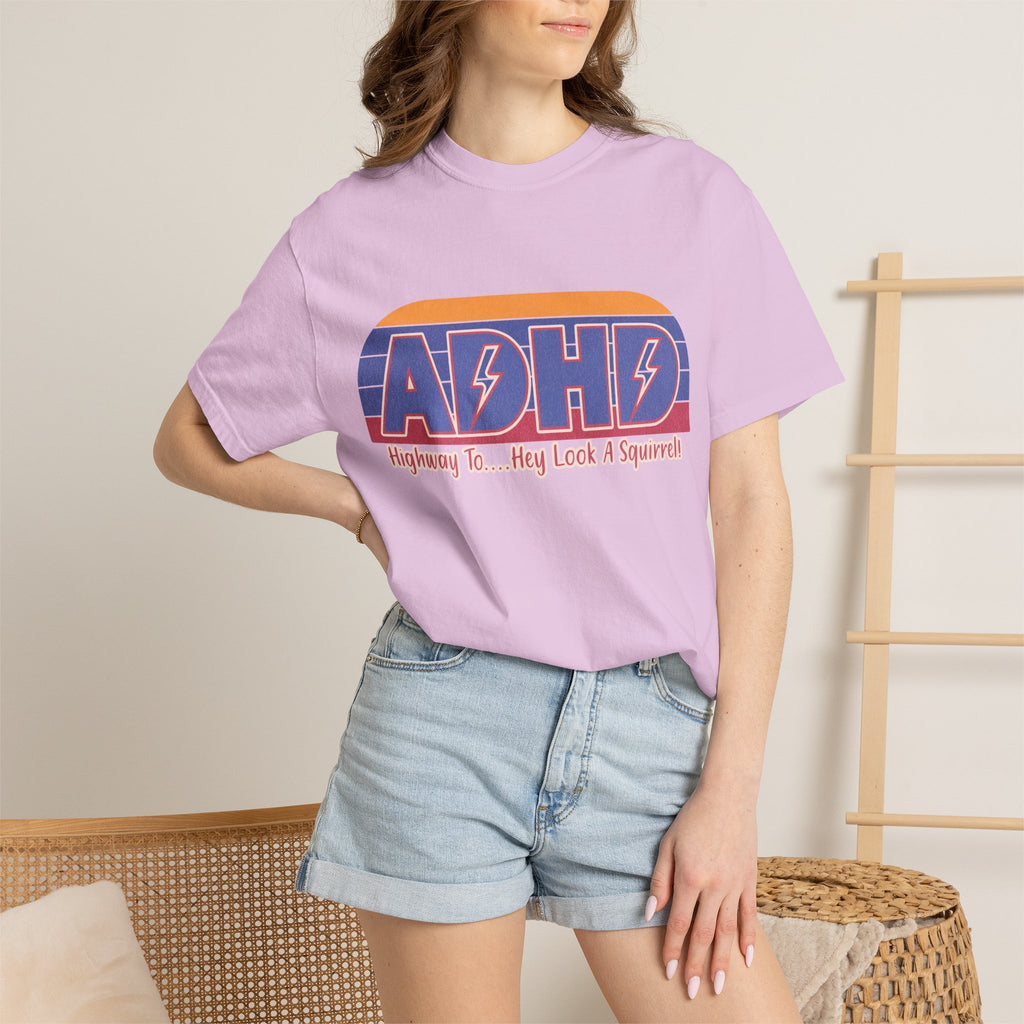 ADHD Retro Stripe T-Shirt — "Highway To... Hey Look A Squirrel" Graphic Tee