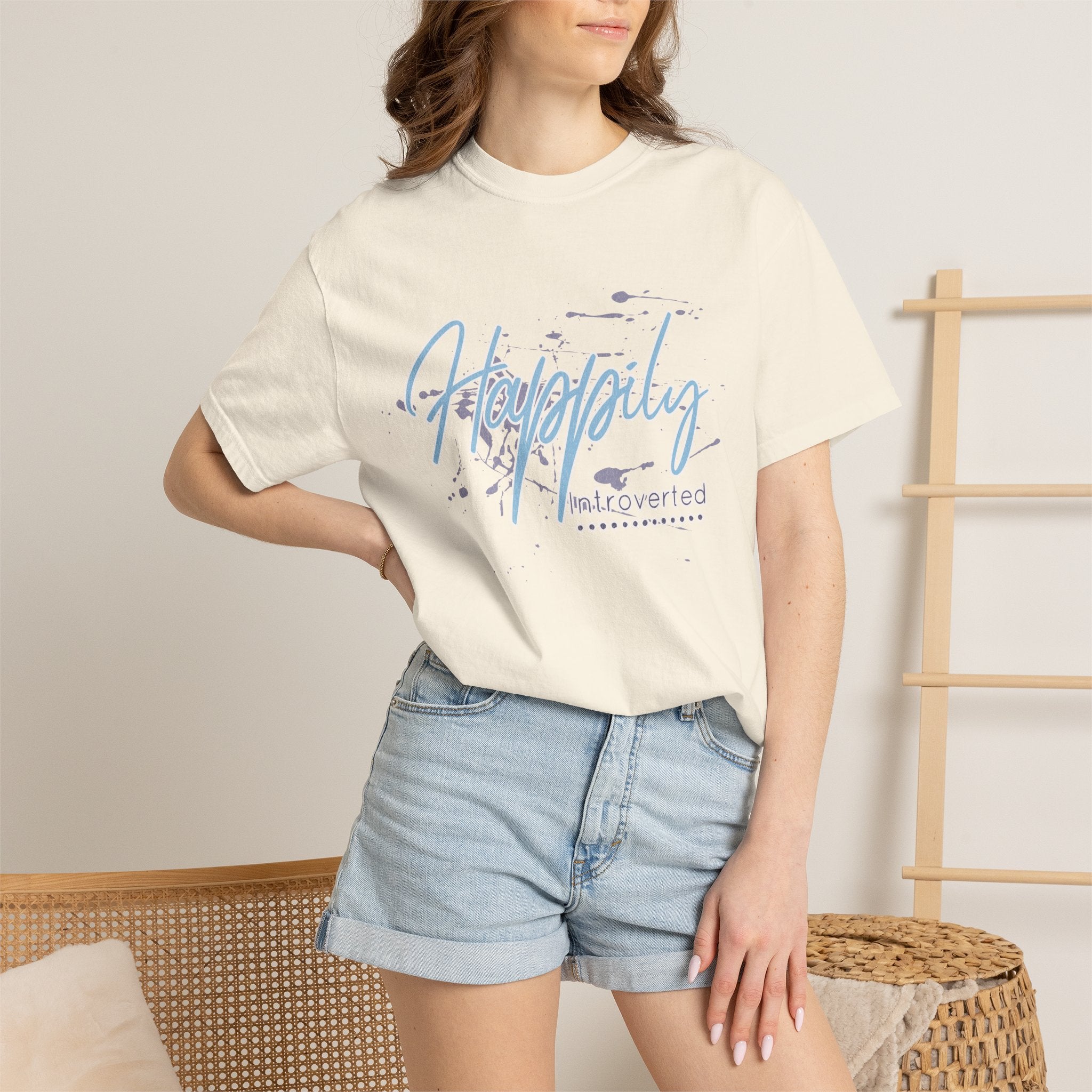 Introverted Aesthetic Textured Tee — "Happily" Script Graphic T-Shirt