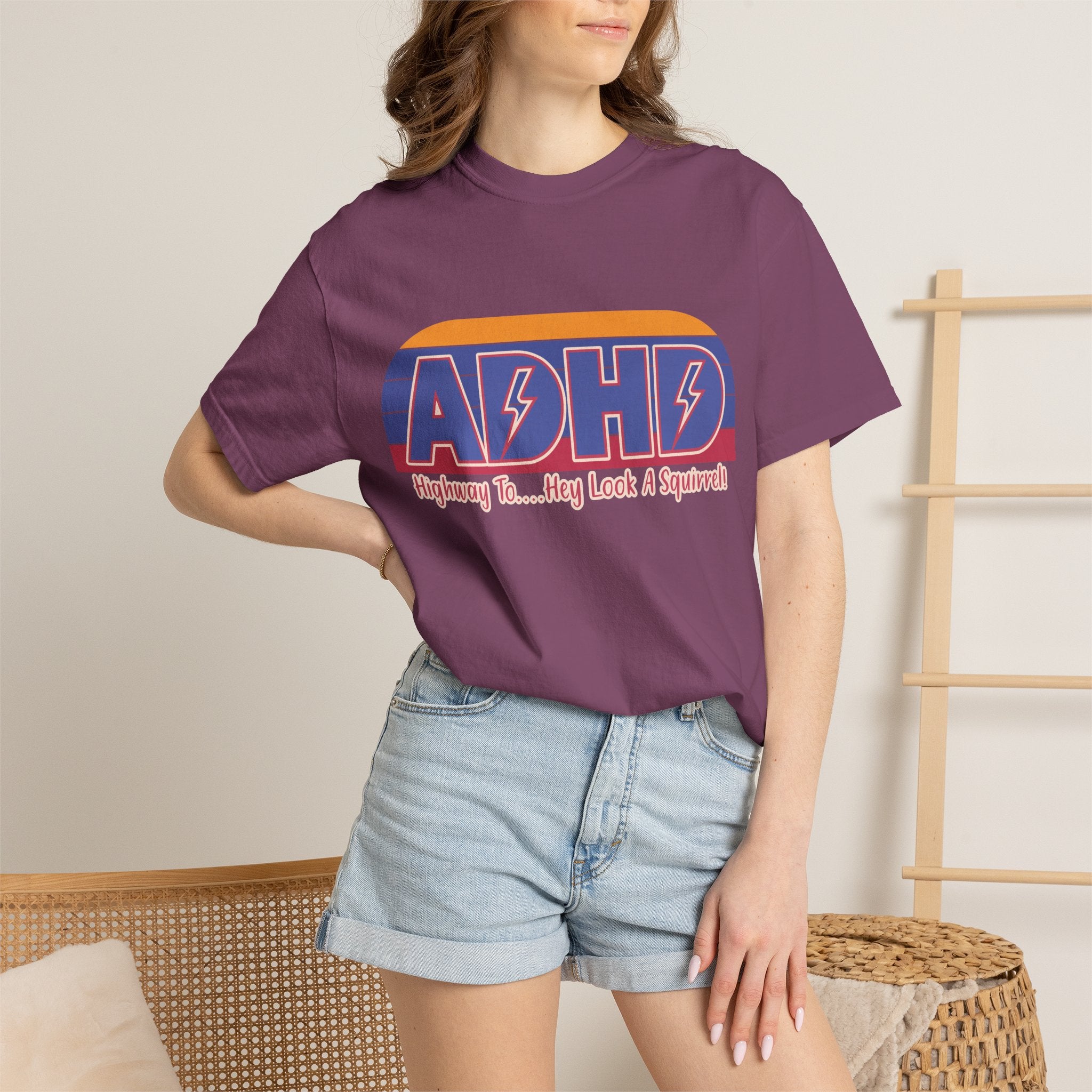 ADHD Retro Stripe T-Shirt — "Highway To... Hey Look A Squirrel" Graphic Tee