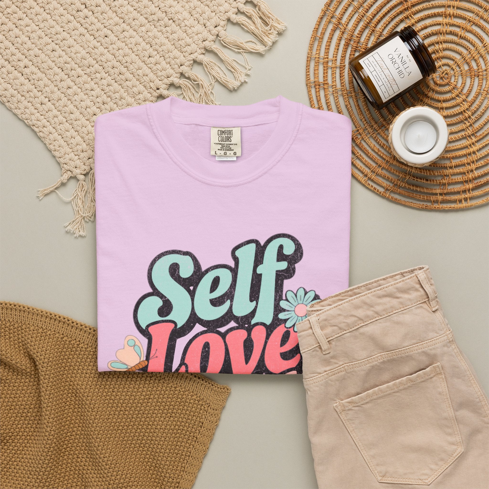 Self Love Club T-shirt | Textured Retro Floral Typography, Pastel 70s Vibe