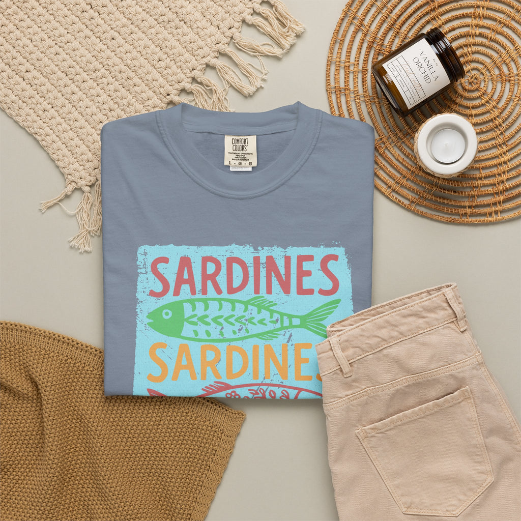 Sardines Colorblock Graphic Textured T-Shirt — Retro Coastal Fish Tee