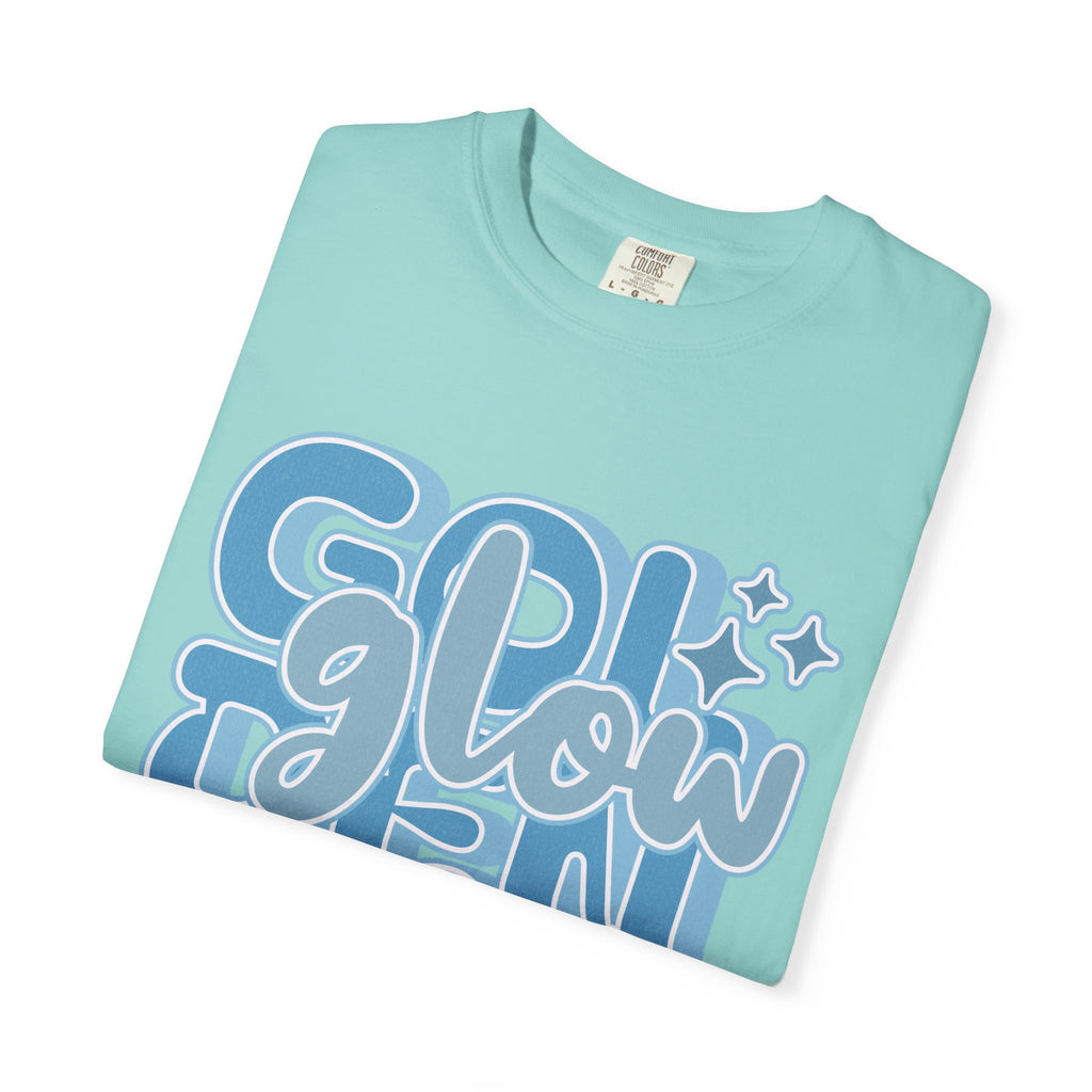 Golden Glow Textured  T‑Shirt — Retro Blue Script Graphic Tee