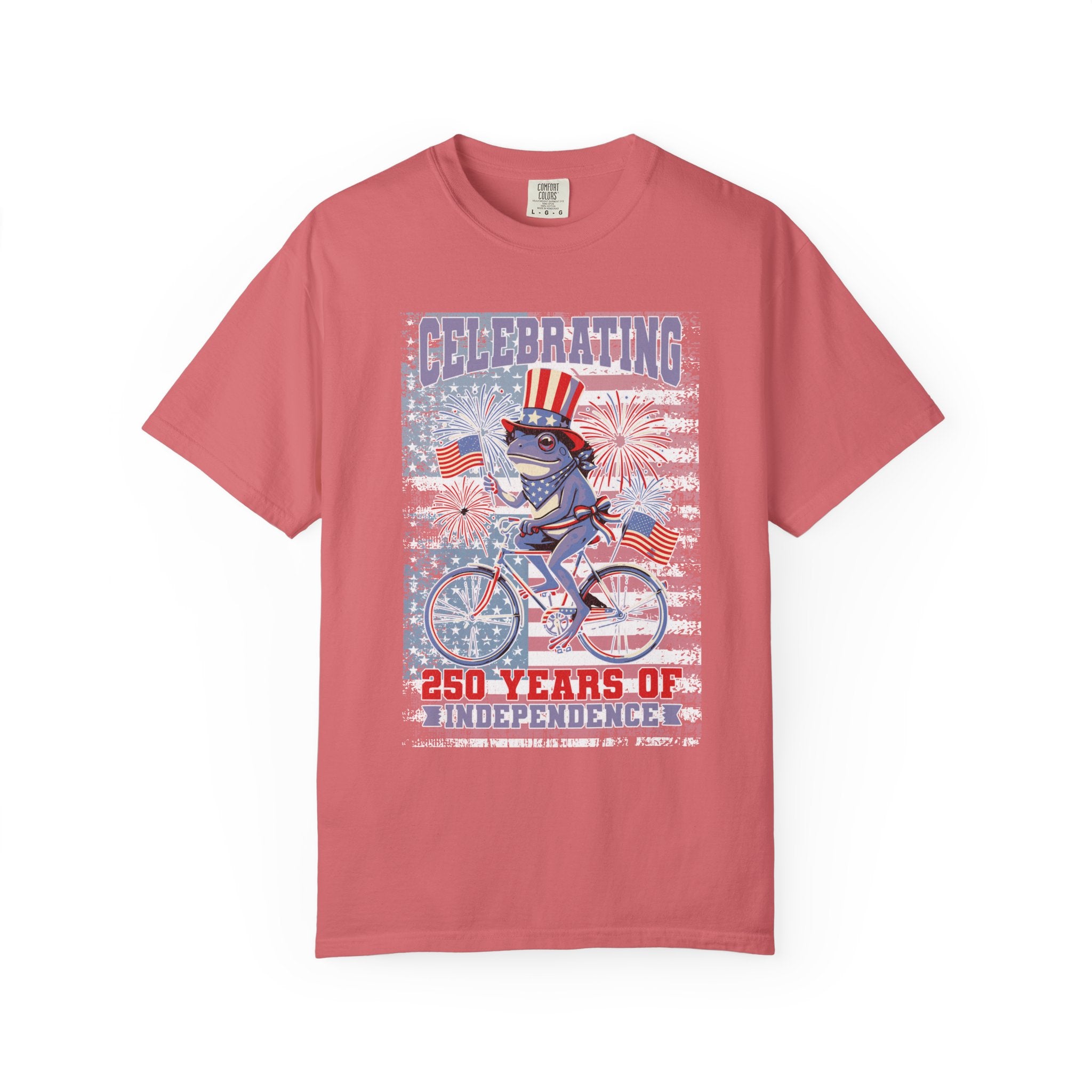 Textured Independence Day Patriotic T-Shirt — "Celebrating 250 Years of Independence" Bicycle Uncle Sam Design