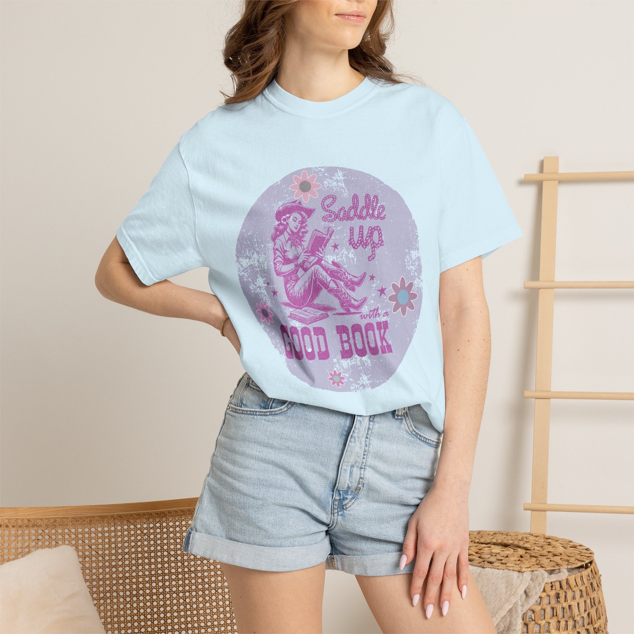 Textured T-Shirt — “Saddle Up Good Book” Retro Western Graphic Tee