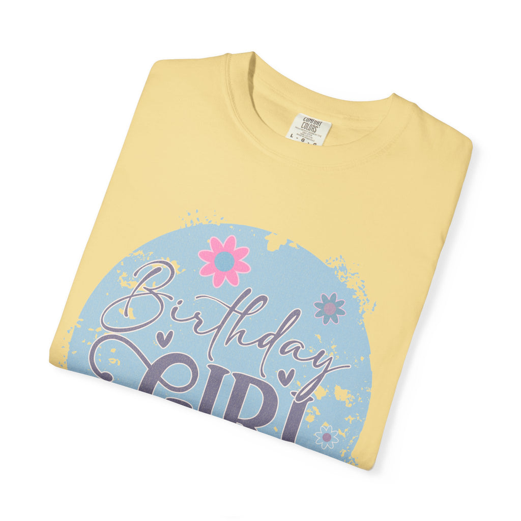 Birthday Girl Textured T-Shirt — Floral Blue Circle Graphic