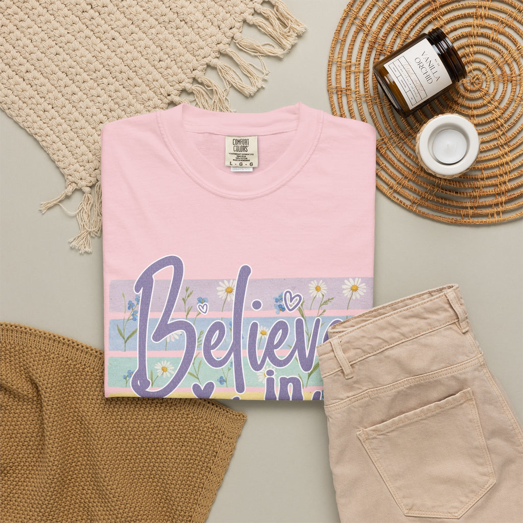 Textured Believe in Yourself T‑Shirt — Pastel Stripes Inspirational Tee