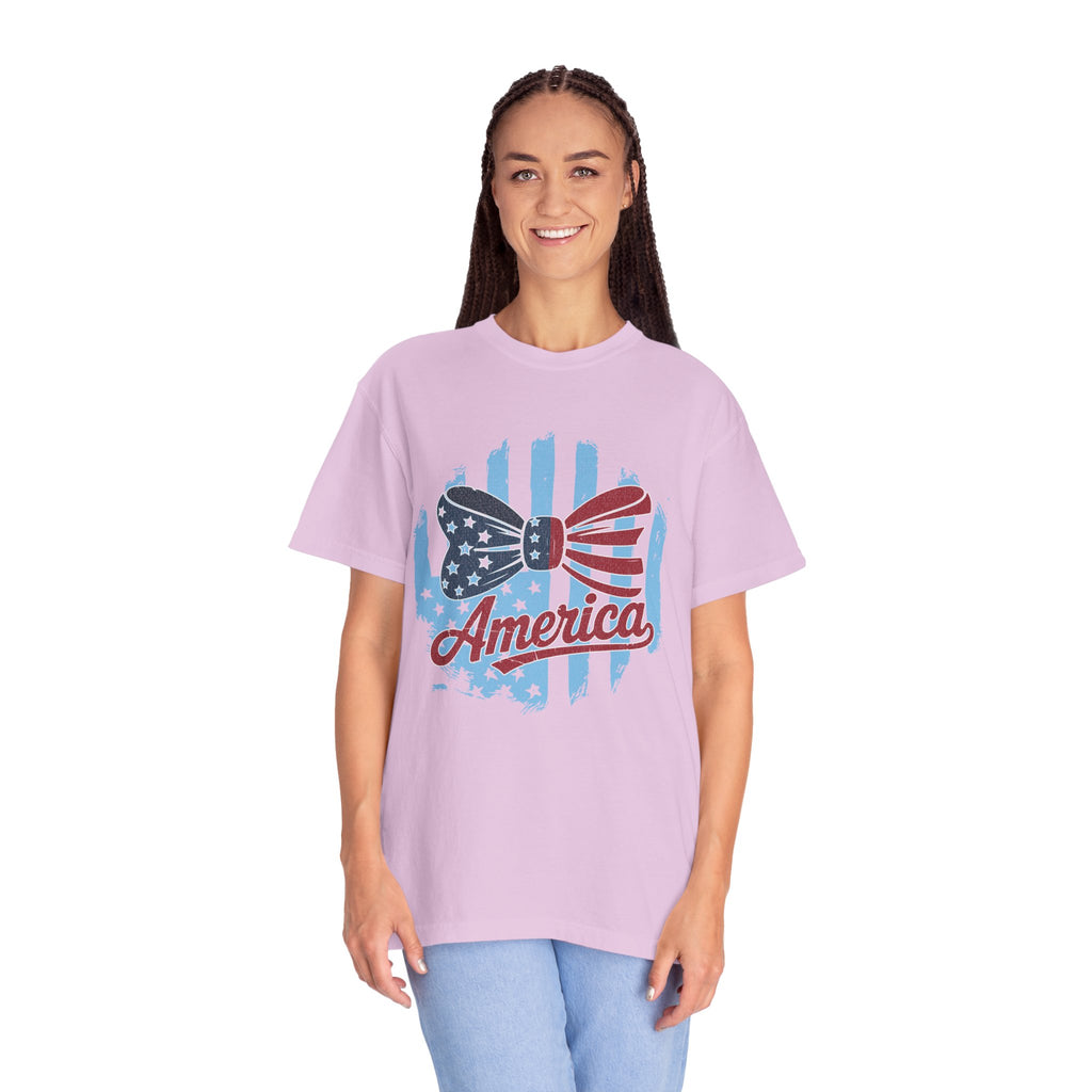 America Patriotic Bow Textured T-Shirt — USA Flag Graphic Tee for 4th of July