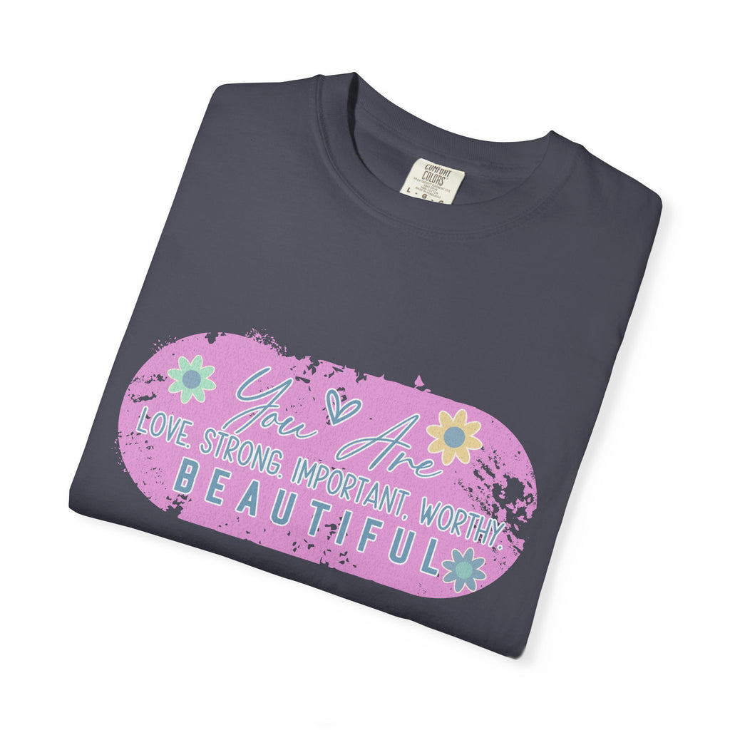Textured T-Shirt — She is Brave, Strong, Worthy, Beautiful Floral Graphic Tee