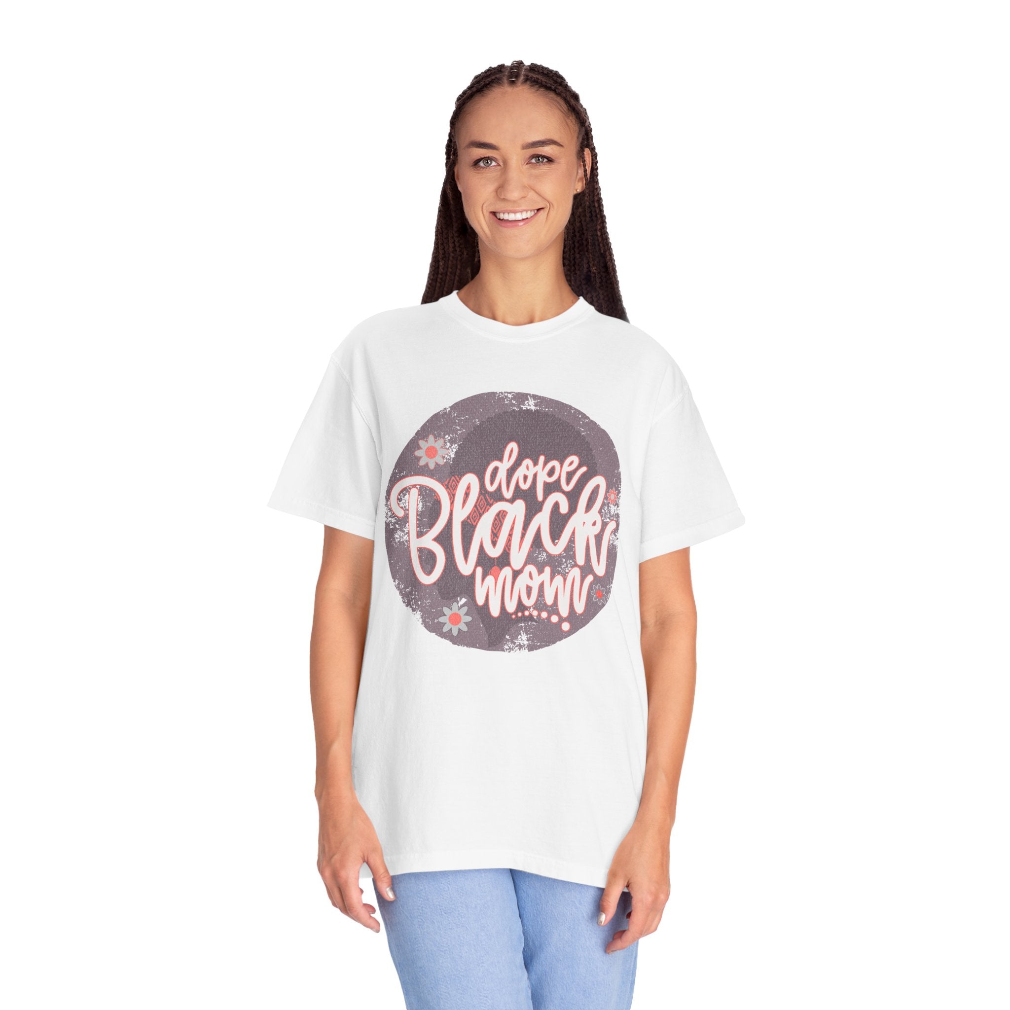 Dope Black Mom Textured T-Shirt — Floral Retro Circle Graphic for Proud Moms
