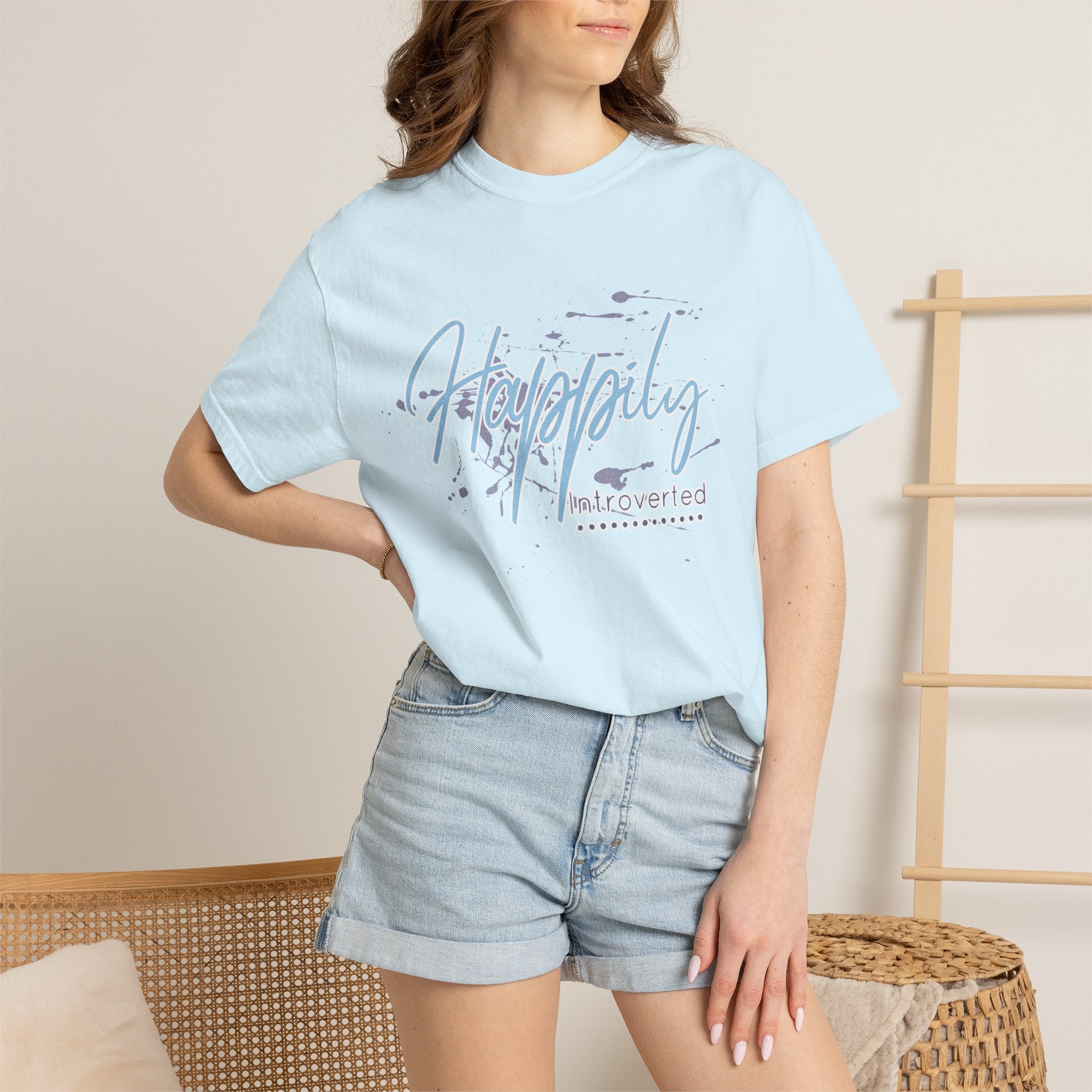 Introverted Aesthetic Textured Tee — "Happily" Script Graphic T-Shirt