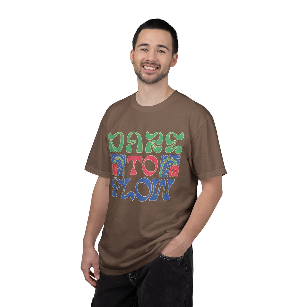 Dare To Flow T-Shirt | Textured Retro Groovy Typography, Colorful Wave Design