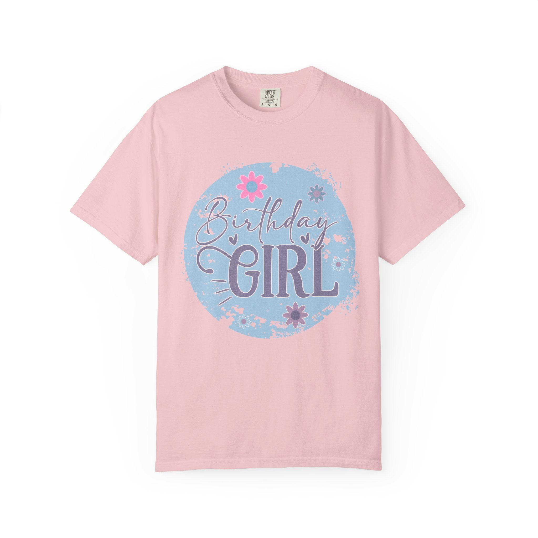 Birthday Girl Textured T-Shirt — Floral Blue Circle Graphic