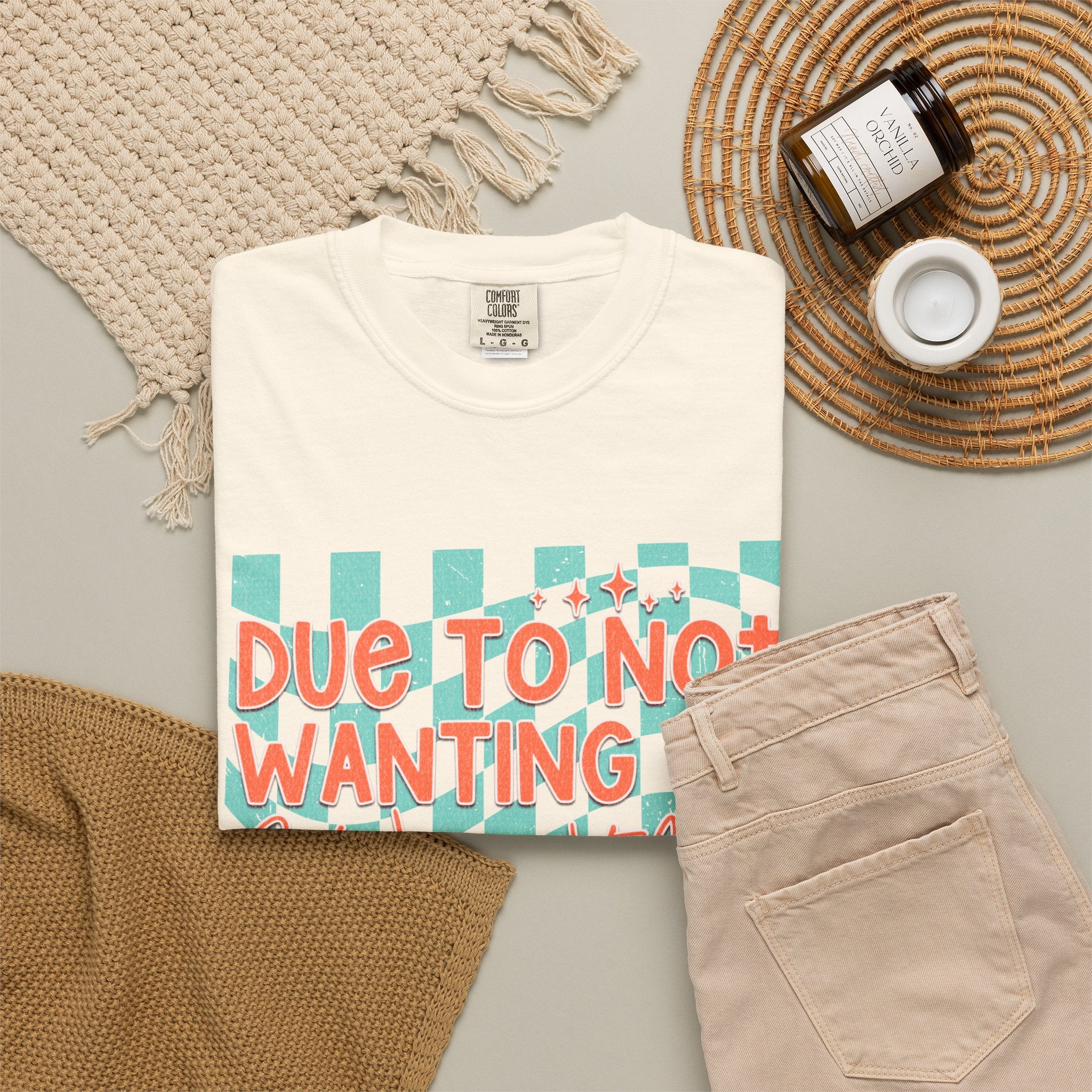 Textured T-Shirt — "Due to Not Wanting to, I Will Not Be" Checkered Graphic Tee