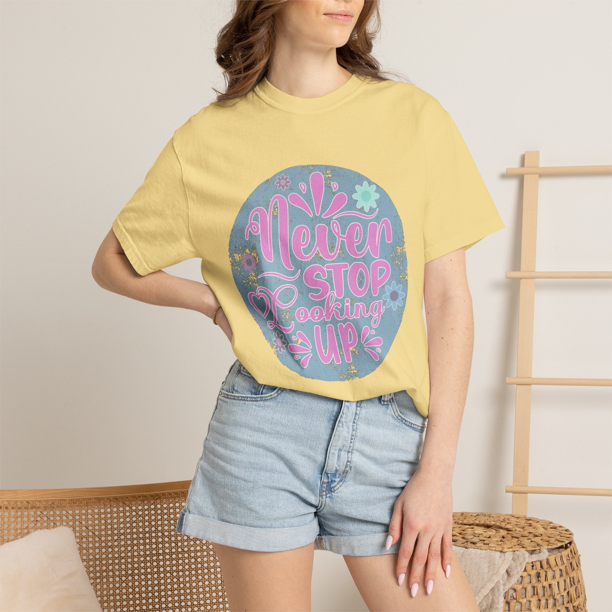 Textured T-Shirt — "Never Stop Looking Up" Inspirational Graphic Tee