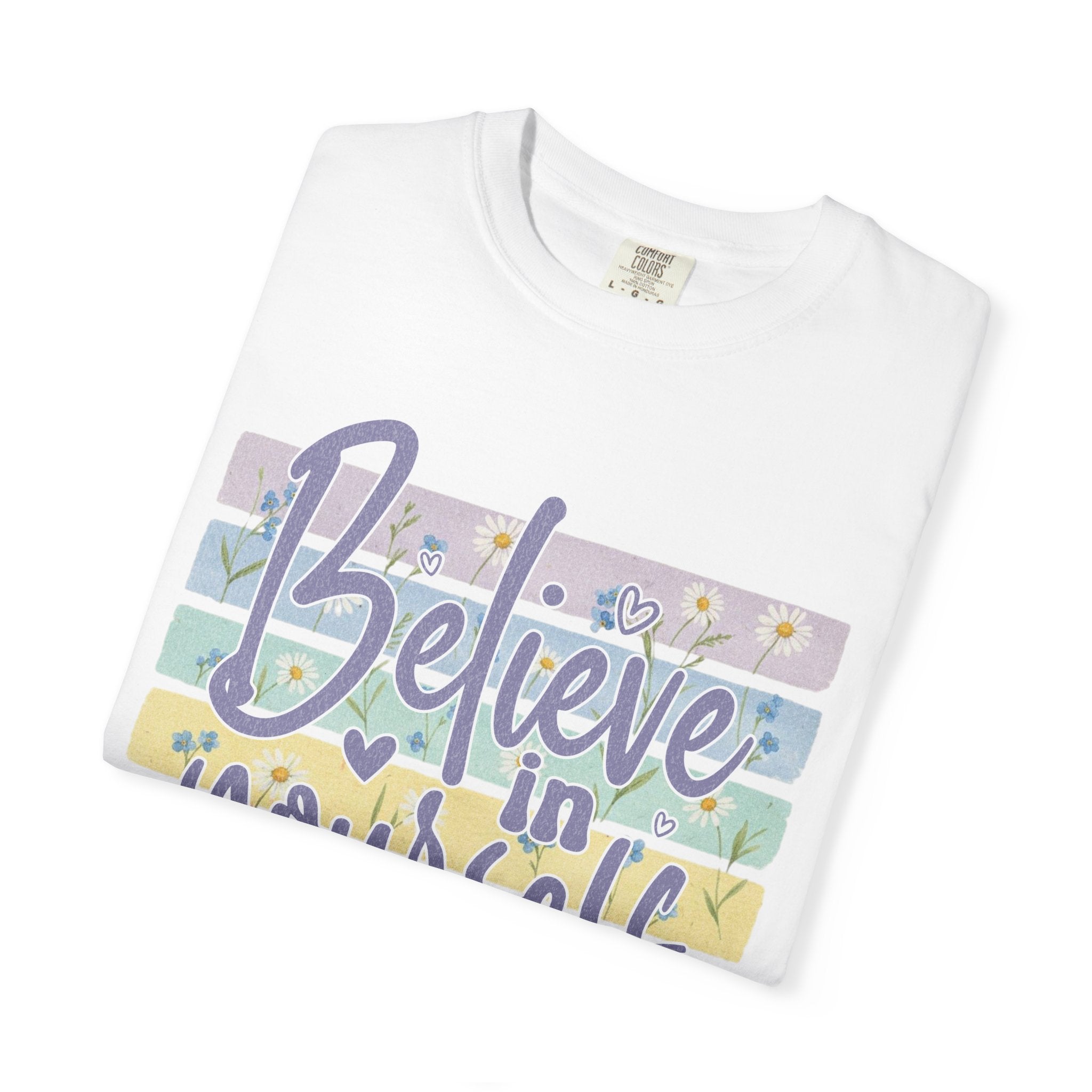 Textured Believe in Yourself T‑Shirt — Pastel Stripes Inspirational Tee