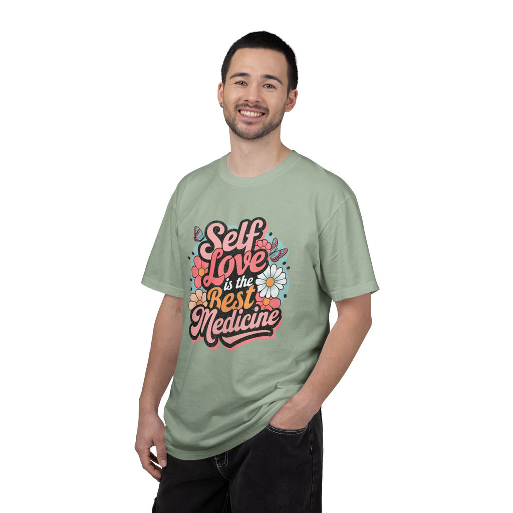 Self Love is the Best Medicine T-Shirt |Textured Floral Script Mental Health Design