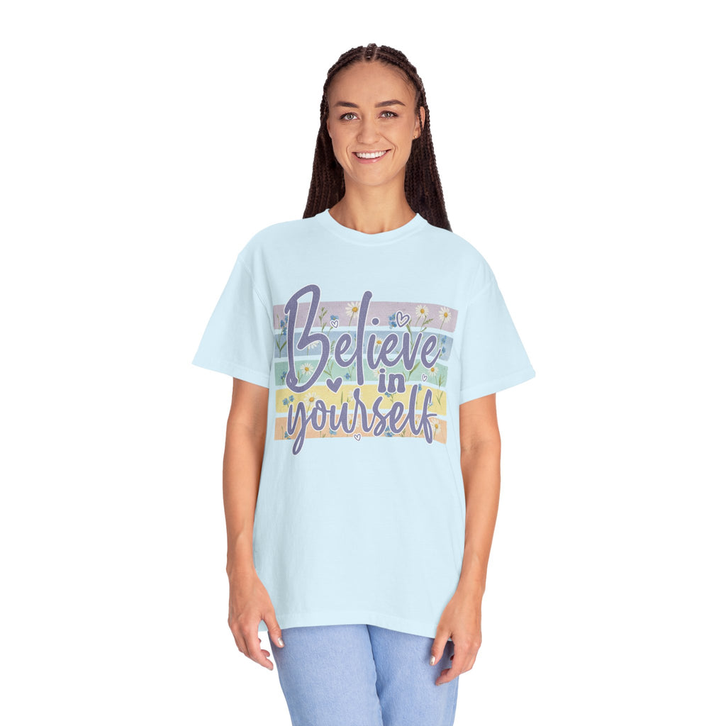 Textured Believe in Yourself T‑Shirt — Pastel Stripes Inspirational Tee