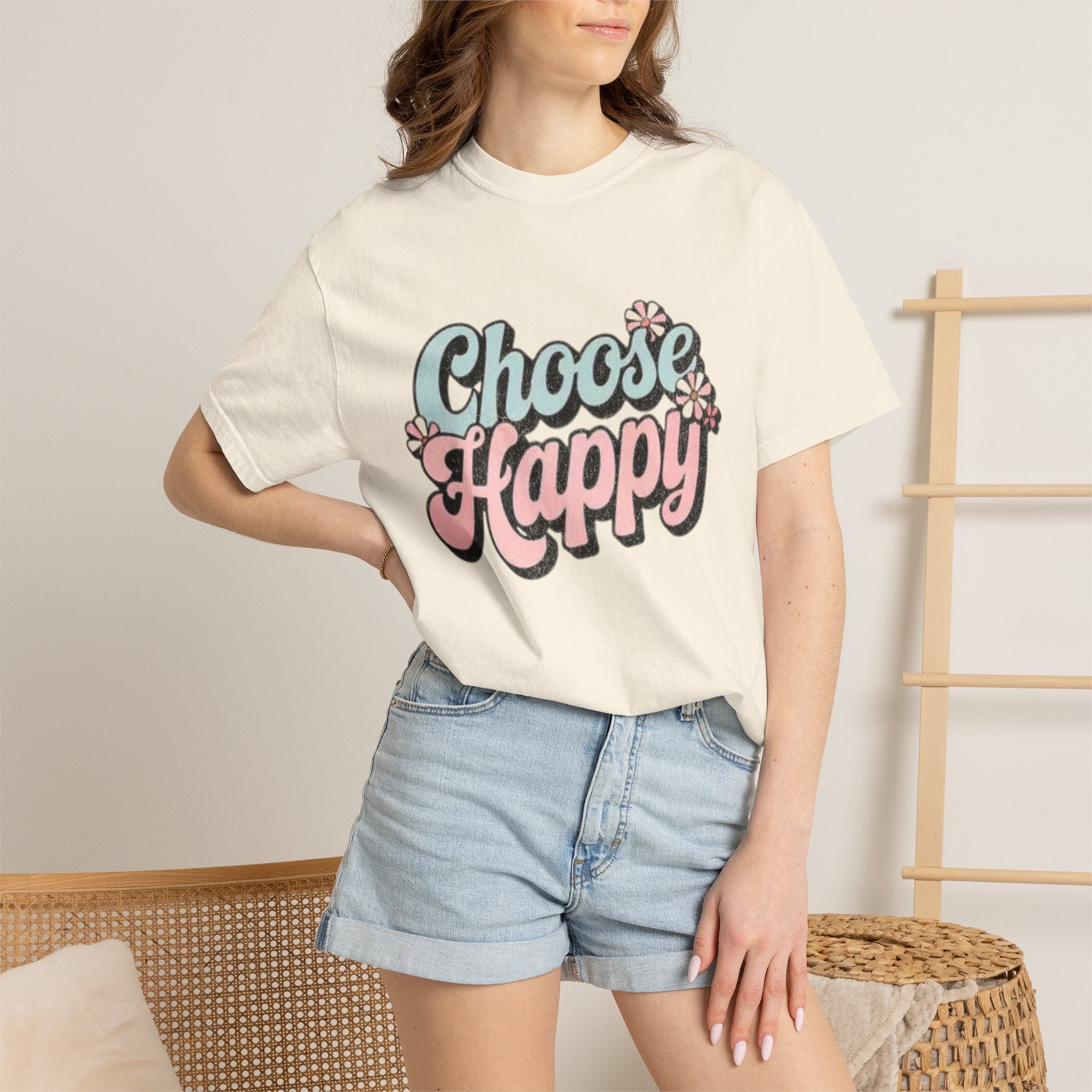 Choose Happy retro script shirt | Textured Positive message tee, pastel floral design