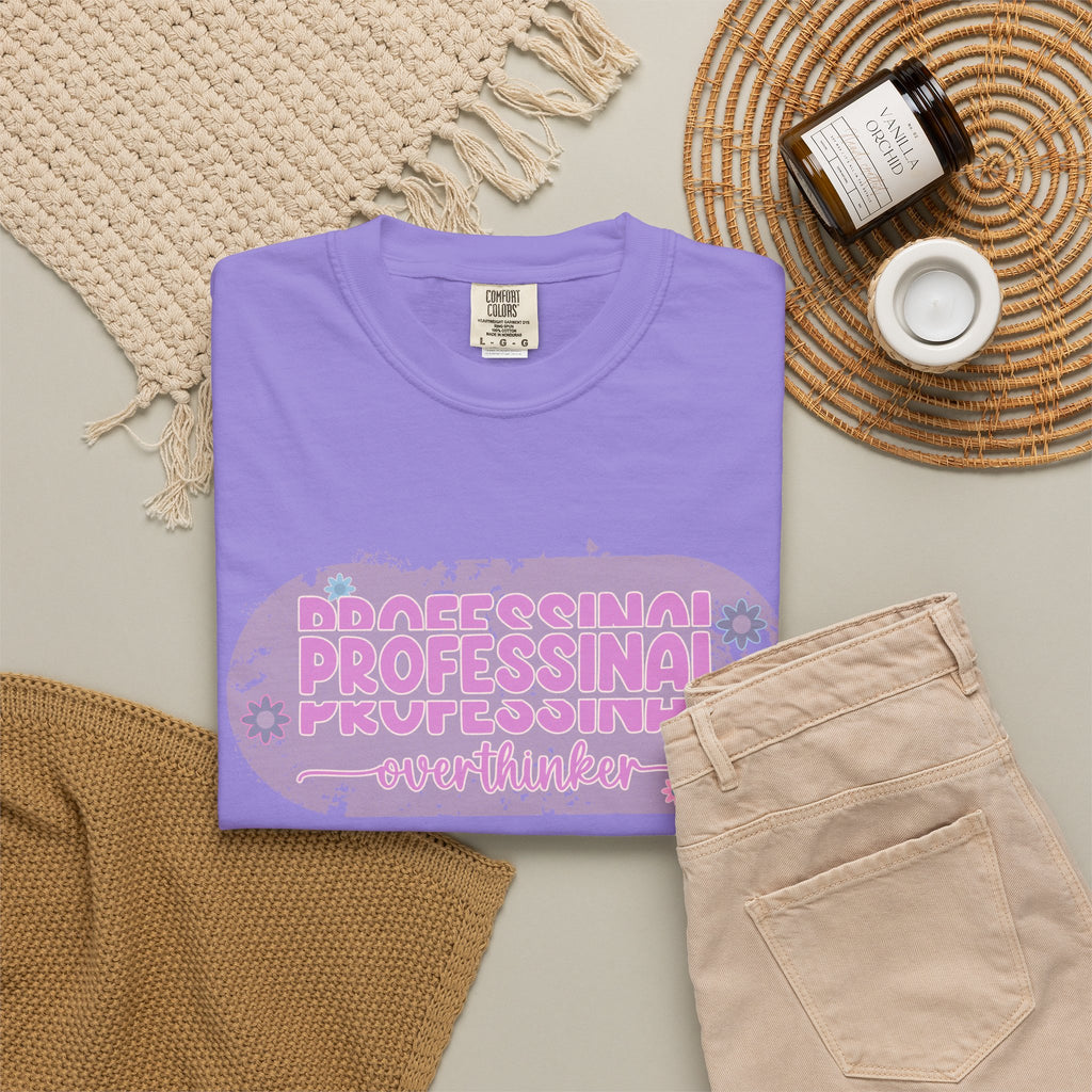 Professional Overthinker  Floral Textured T-Shirt — Retro Pink Graphic Tee