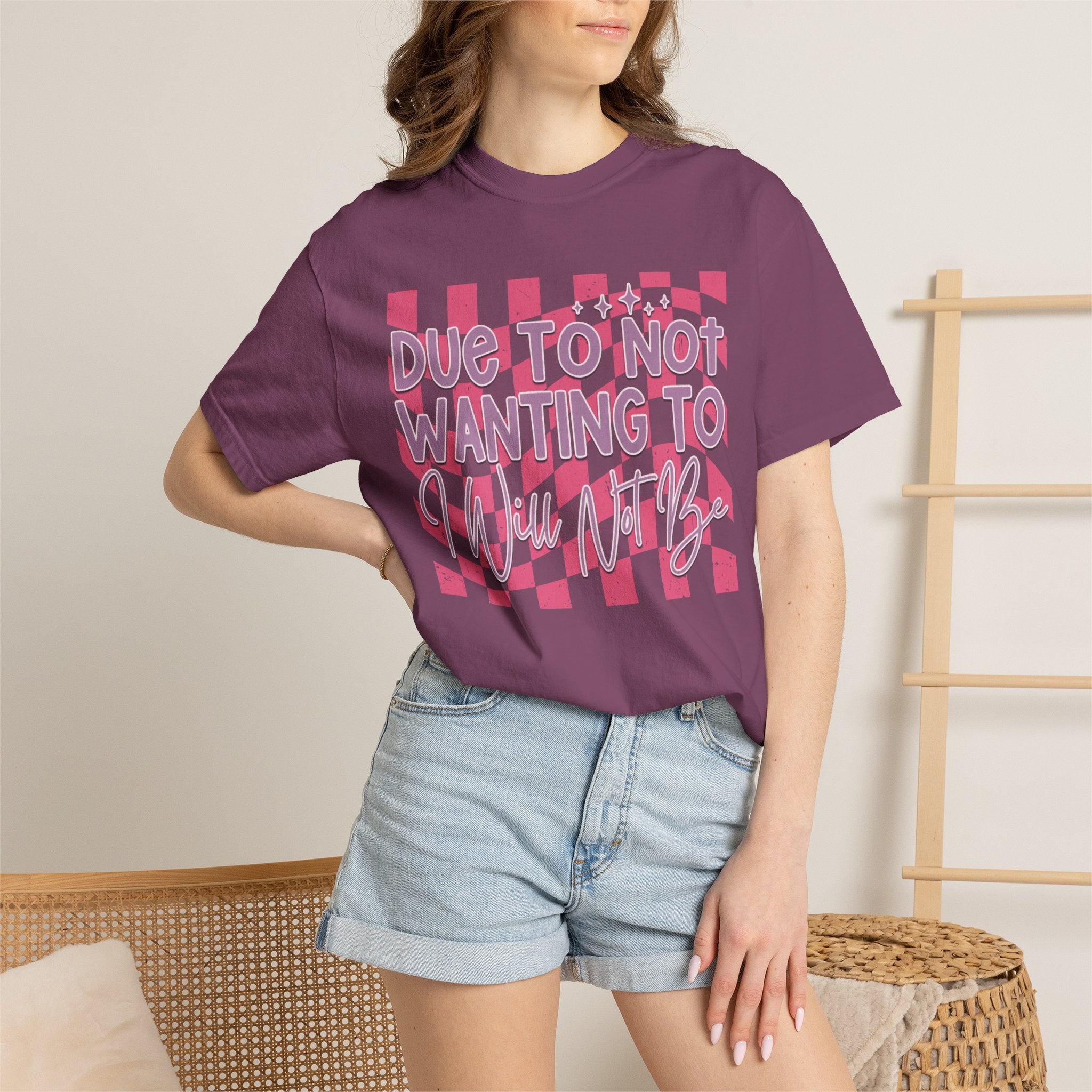Textured Graphic Tee — “Due to Not Wanting to” Pink Checkerboard T-Shirt