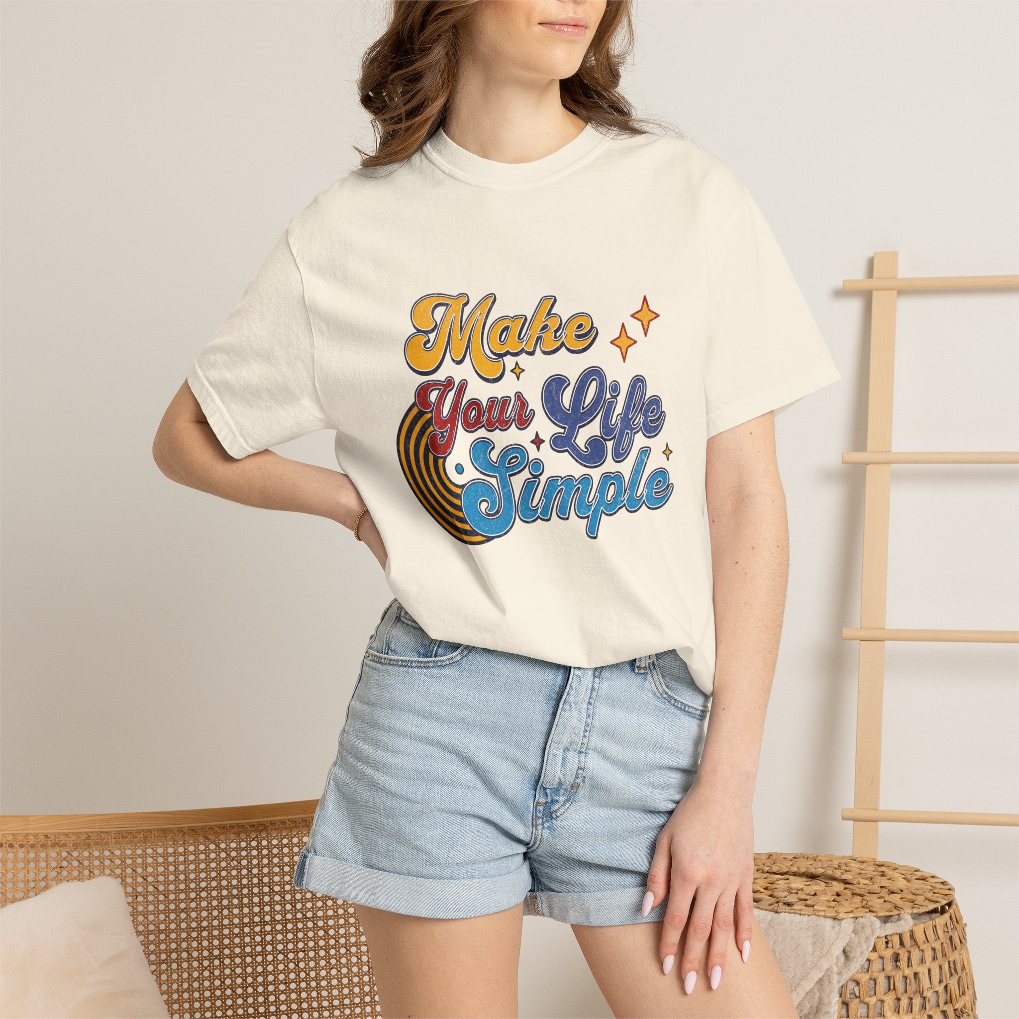 Make Your Life Simple T-Shirt |Textured Retro Script, Vintage Rainbow Stars