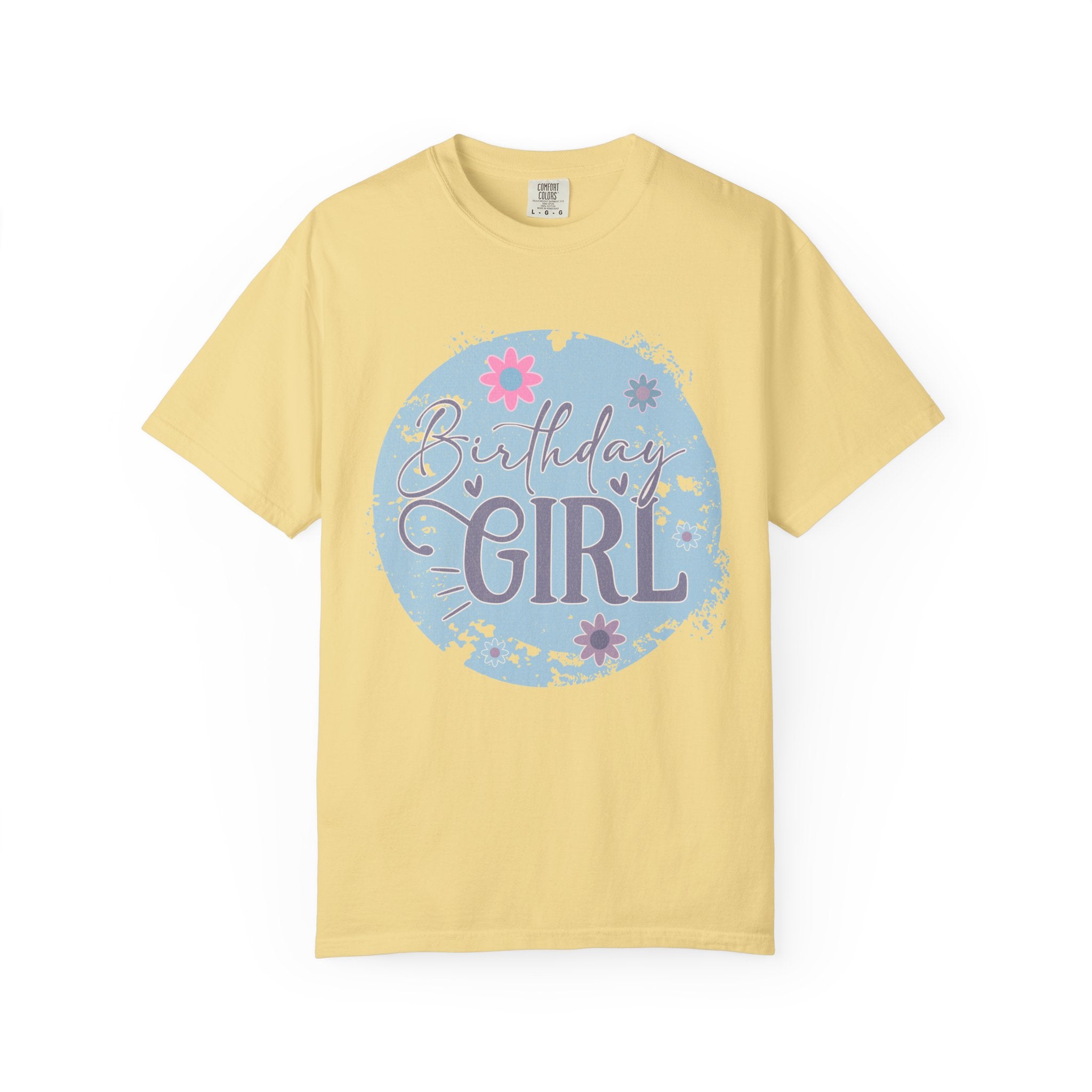 Birthday Girl Textured T-Shirt — Floral Blue Circle Graphic