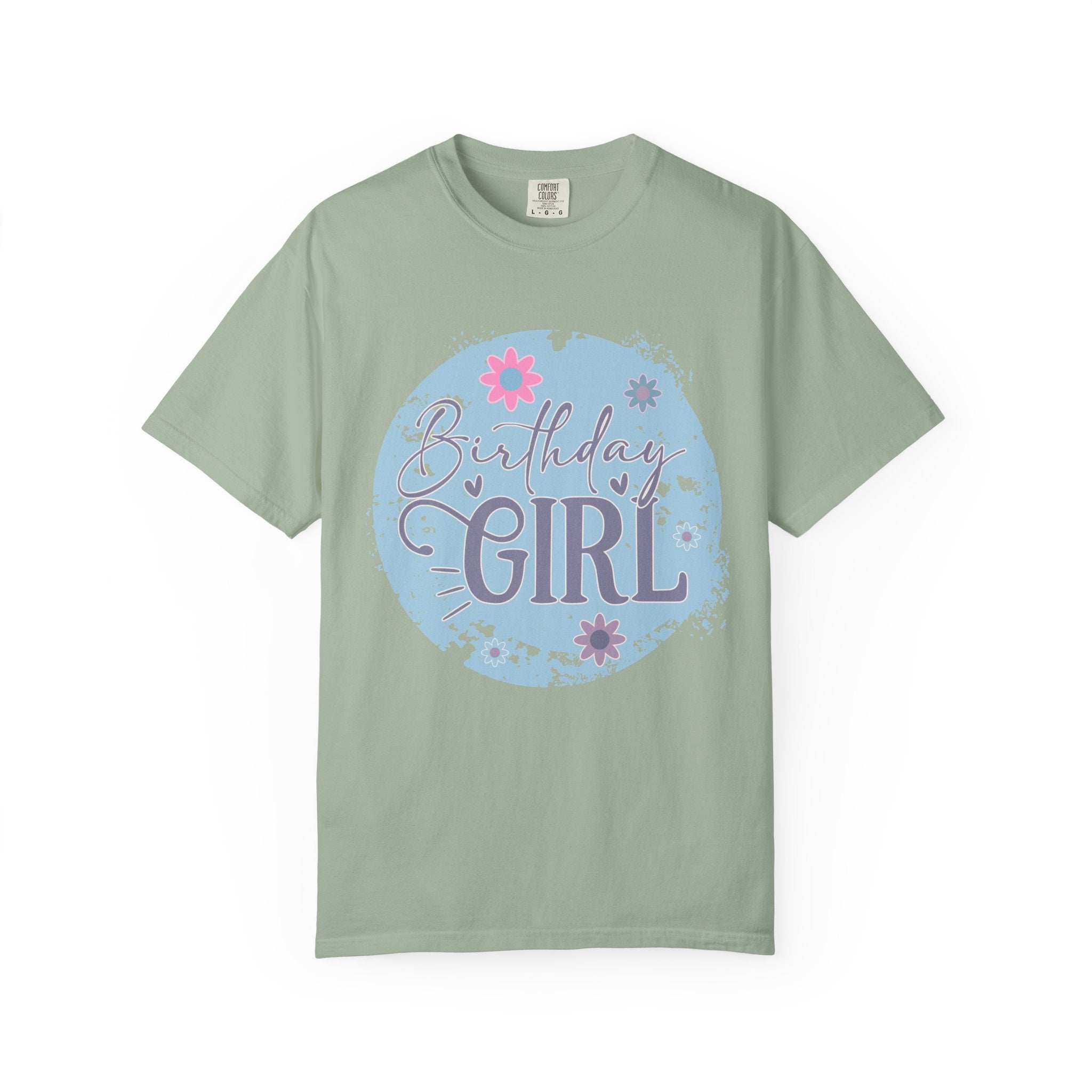 Birthday Girl Textured T-Shirt — Floral Blue Circle Graphic