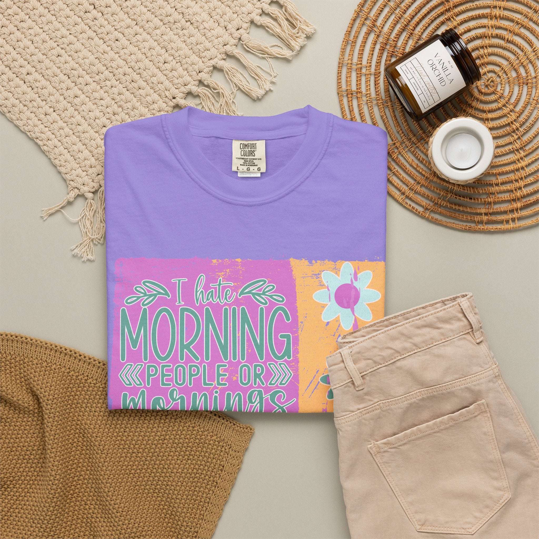 I Hate Morning People Textured  Shirt — Retro Flower Graphic Tee