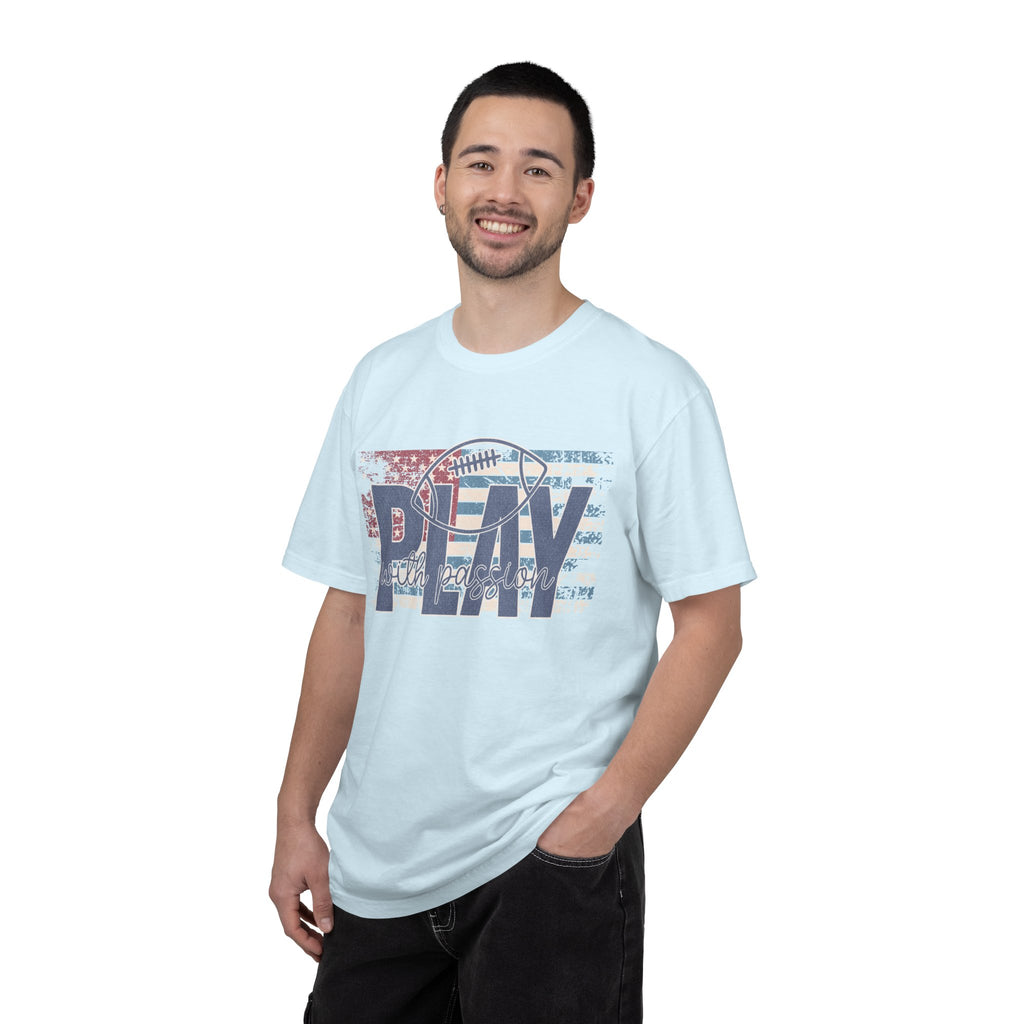 Play With Passion Football Textured Tee — Vintage American Flag Sports Tee