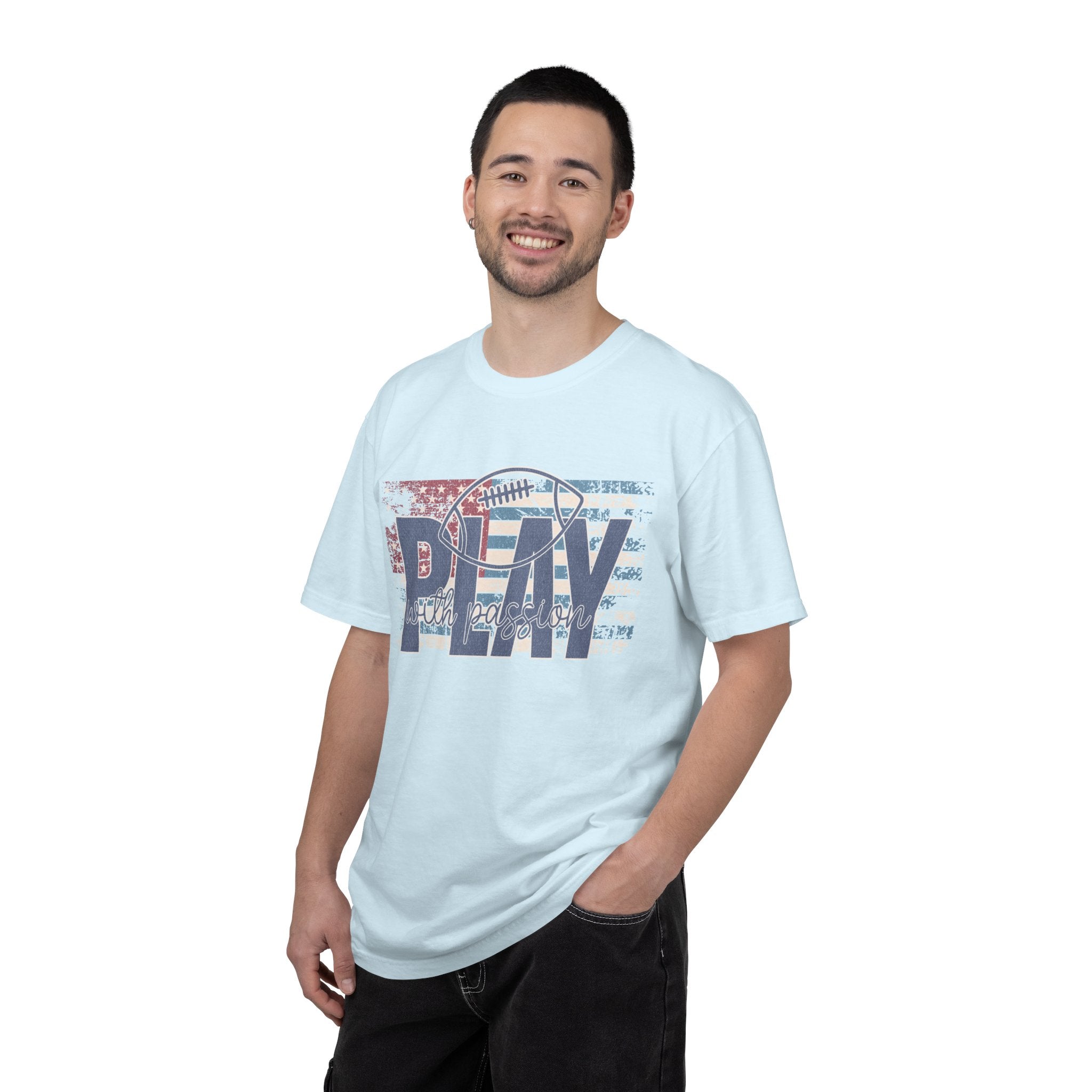 Play With Passion Football Textured Tee — Vintage American Flag Sports Tee