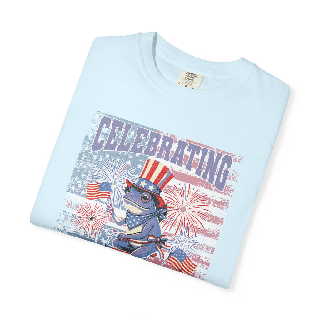 Textured Independence Day Patriotic T-Shirt — "Celebrating 250 Years of Independence" Bicycle Uncle Sam Design