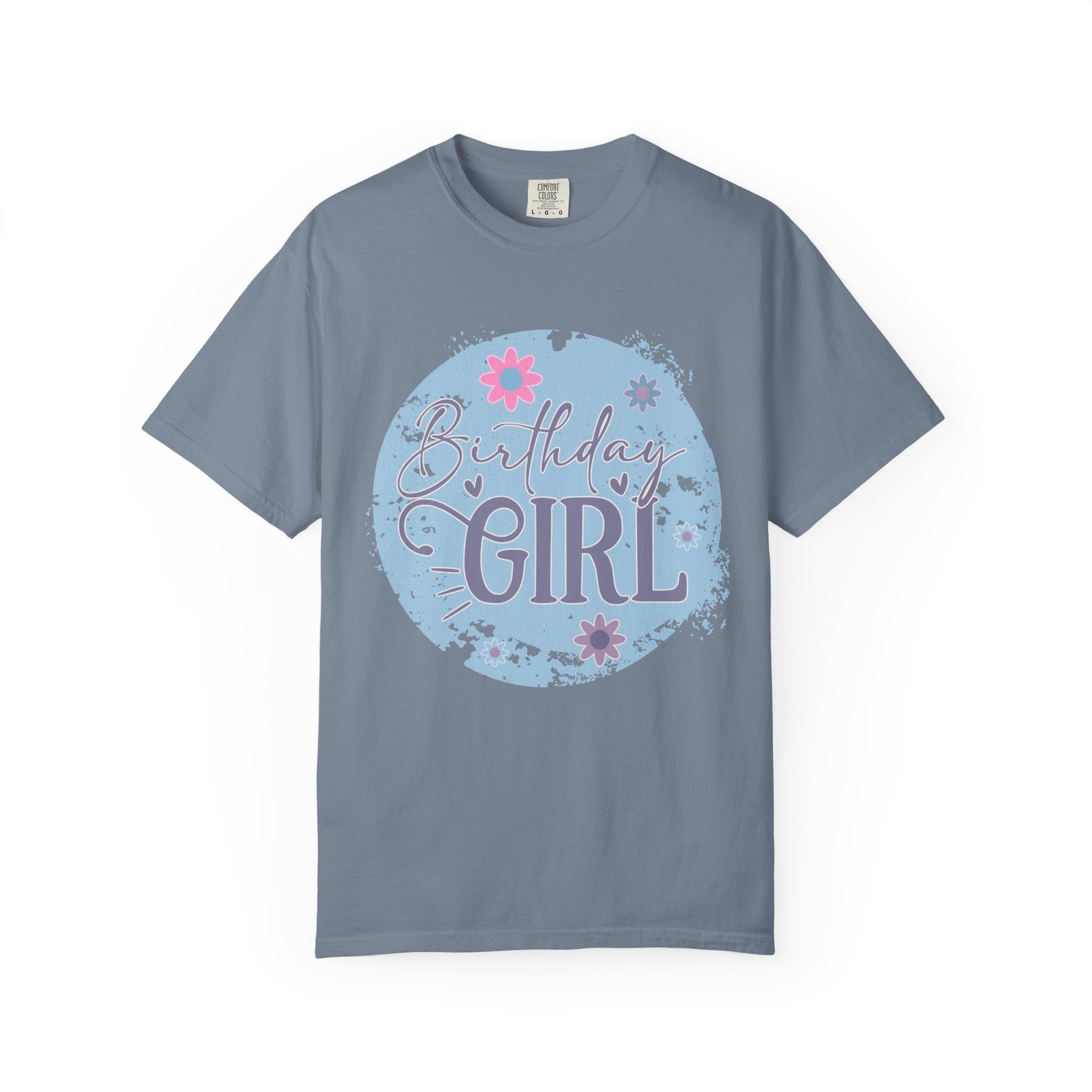 Birthday Girl Textured T-Shirt — Floral Blue Circle Graphic