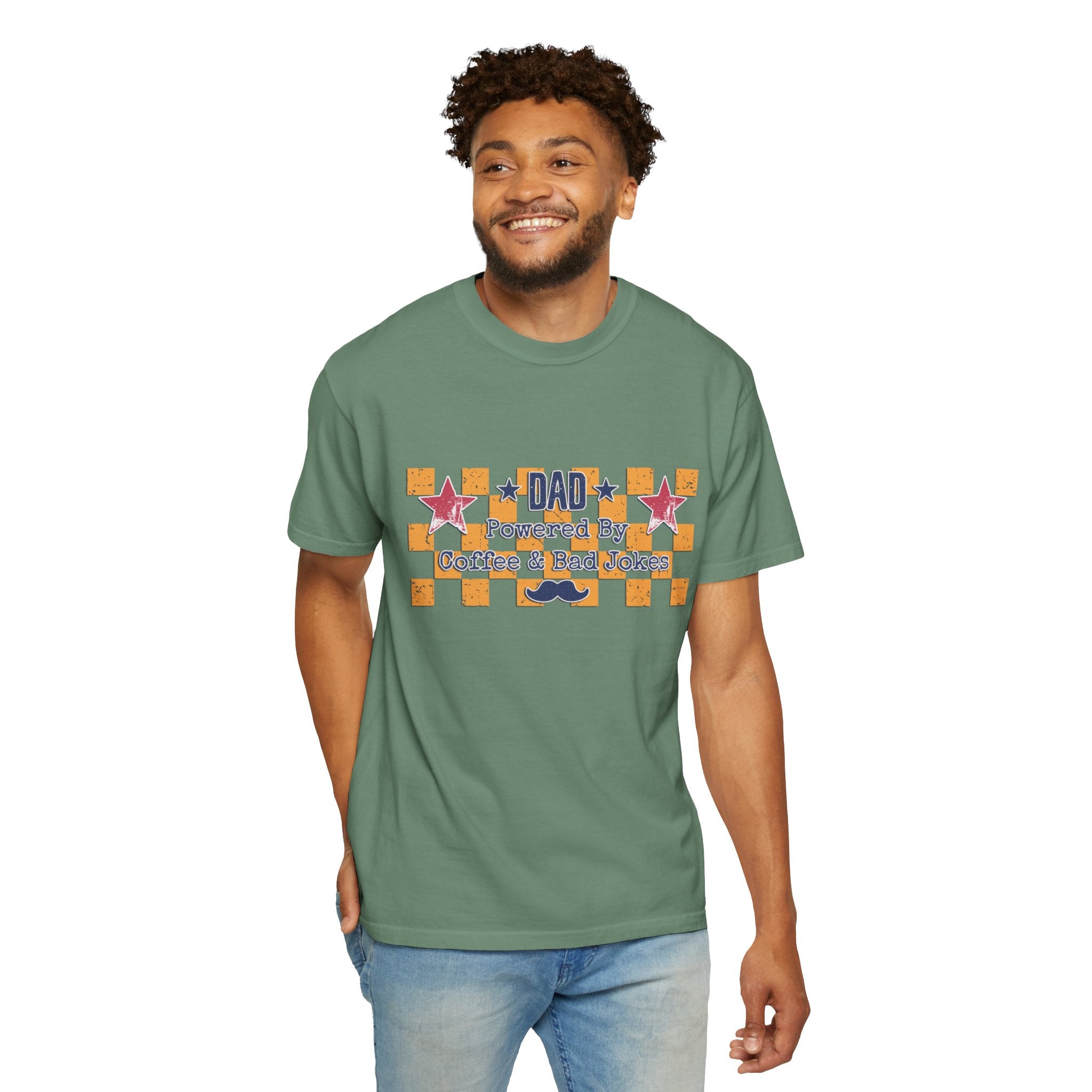 Dad Textured T-Shirt — "Powered by Coffee & Bad Jokes" Retro Checker Fathers Day Tee