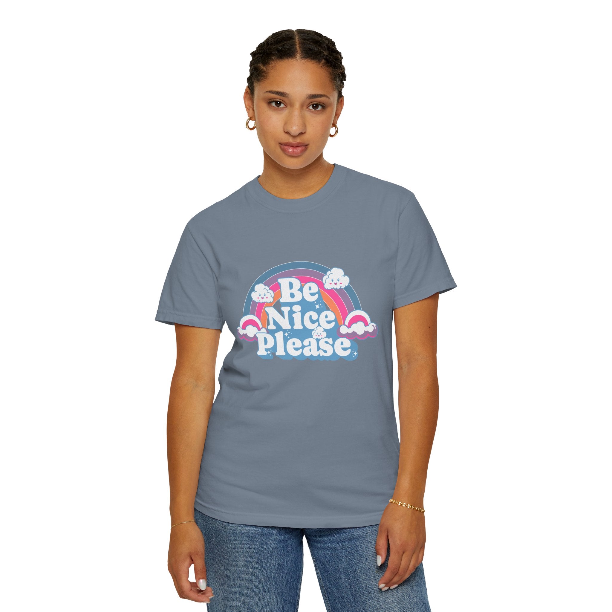 Be Nice Please Textured T-Shirt — Retro Rainbow Positive Message Tee