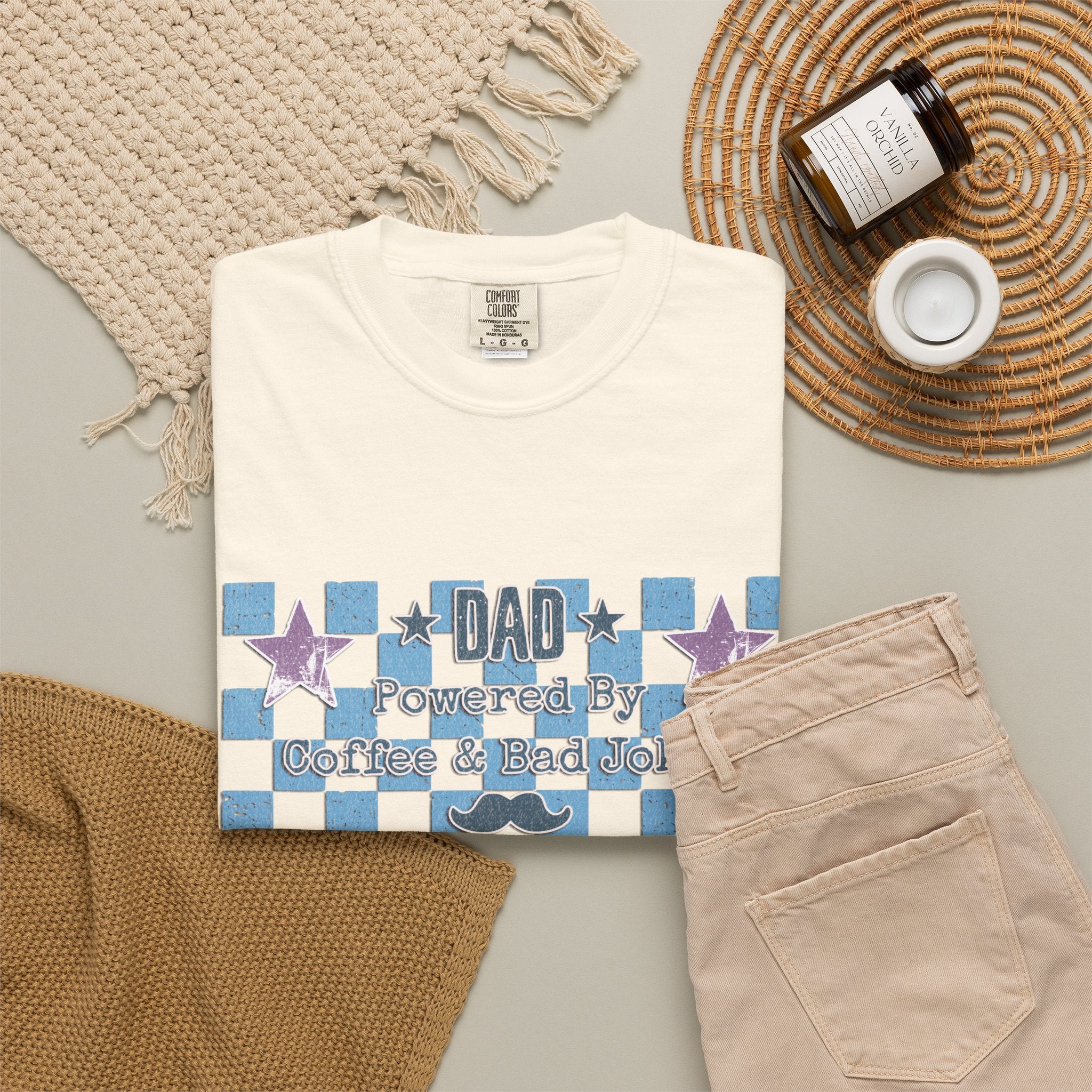Textured Dad Powered By Coffee & Chaos T-Shirt — Retro Checkered Father's Day Tee