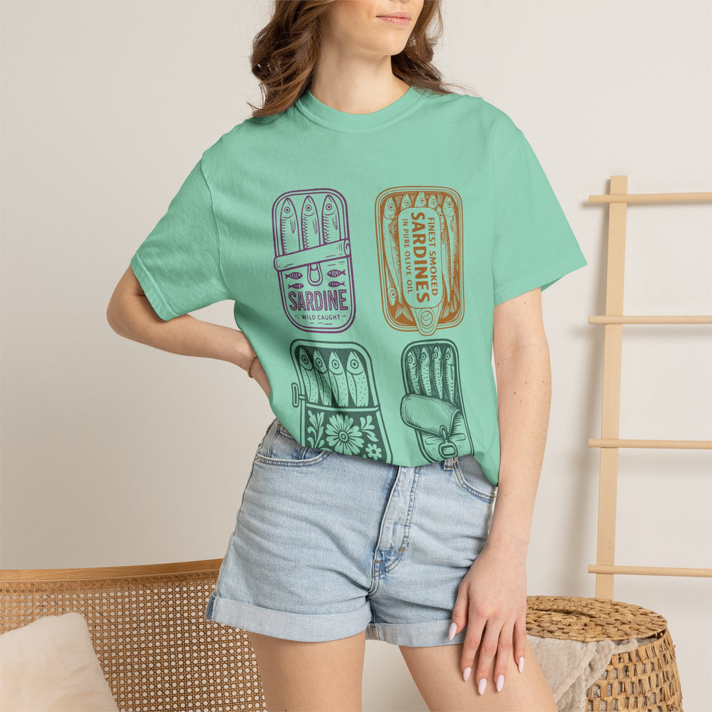 Sardine Tin Graphic Textured T-Shirt — Vintage Seafood Illustration Tee