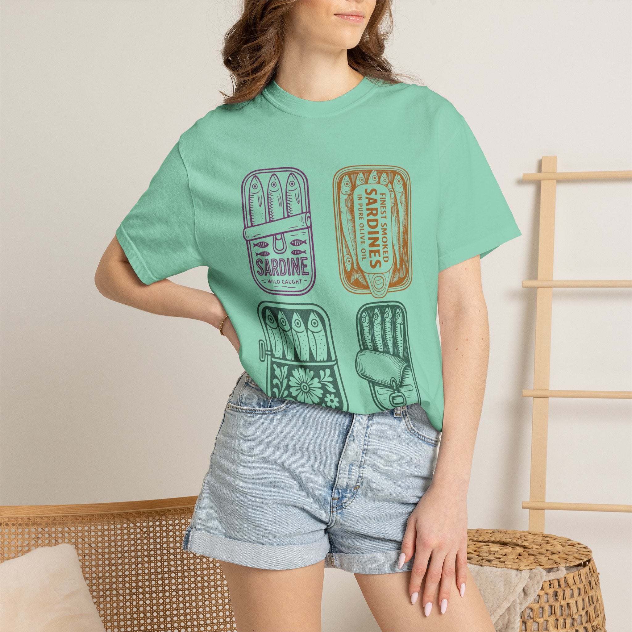 Sardine Tin Graphic Textured T-Shirt — Vintage Seafood Illustration Tee