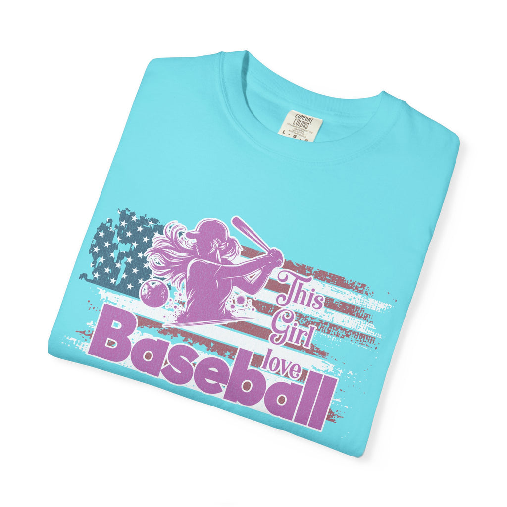 Textured Baseball Tee — "This Girl Loves Baseball" Patriotic Pink Softball T-Shirt