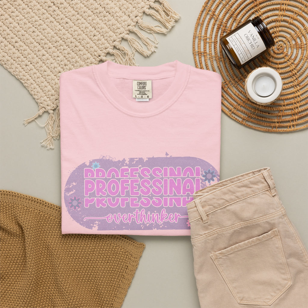 Professional Overthinker  Floral Textured T-Shirt — Retro Pink Graphic Tee