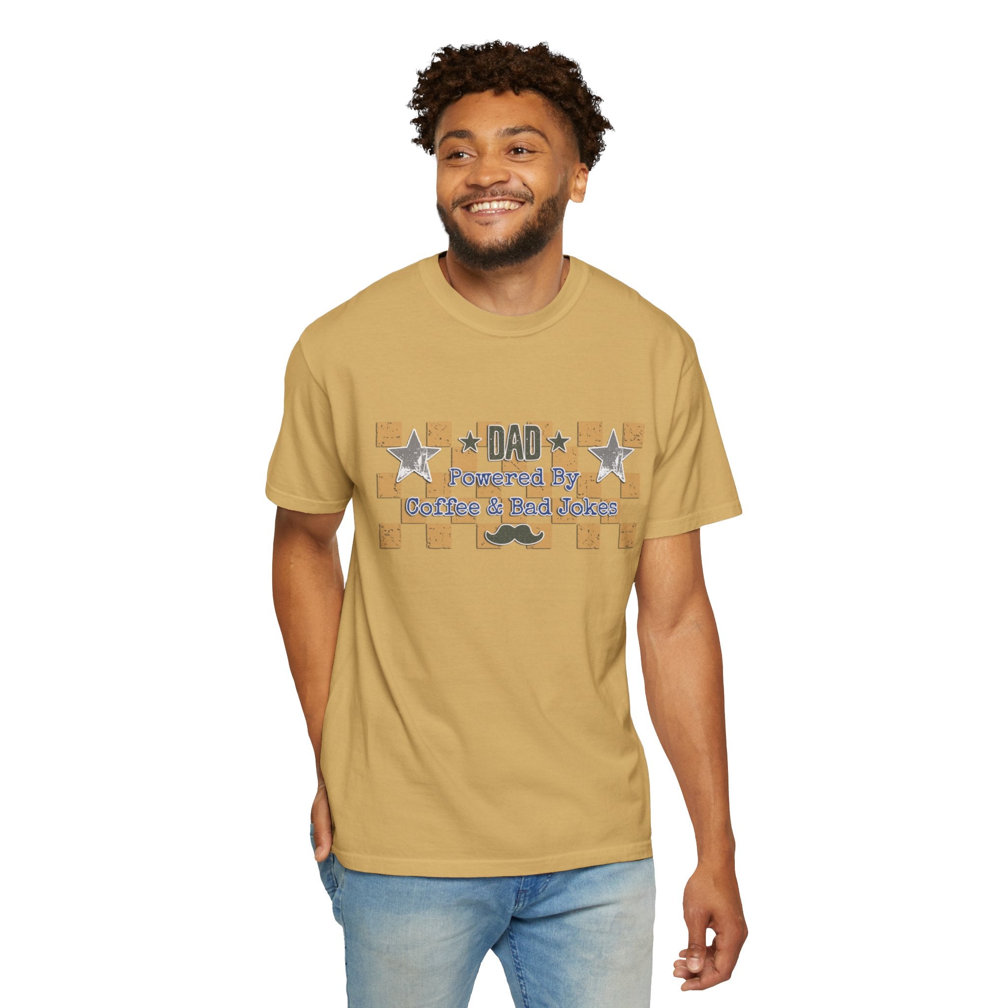 Dad Powered By Coffee & Bad Jokes Textured T-Shirt — Funny Fathers Day Gift