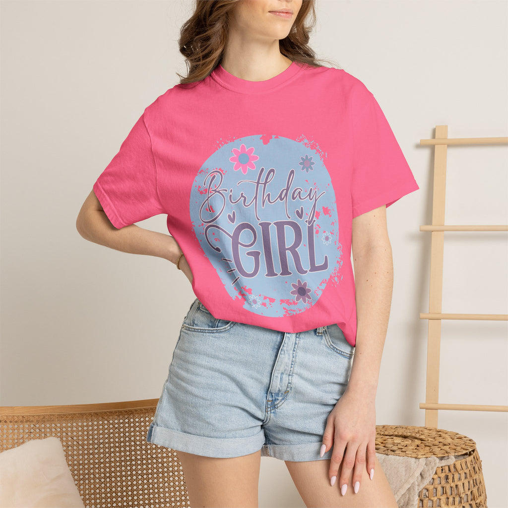Birthday Girl Textured T-Shirt — Floral Blue Circle Graphic