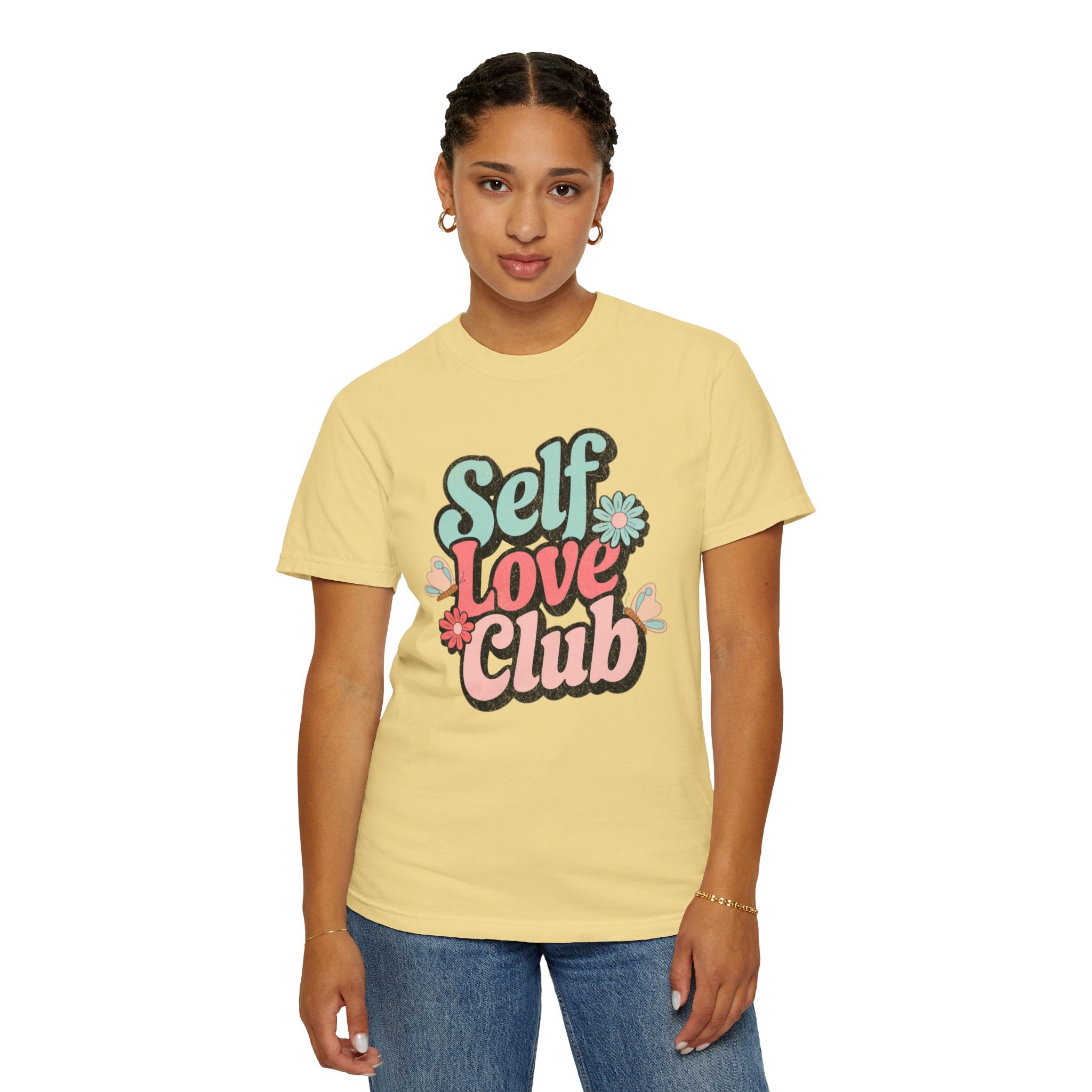 Self Love Club T-shirt | Textured Retro Floral Typography, Pastel 70s Vibe