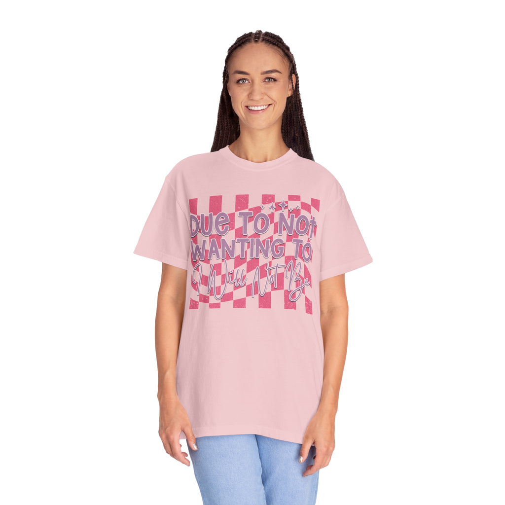 Textured Graphic Tee — “Due to Not Wanting to” Pink Checkerboard T-Shirt