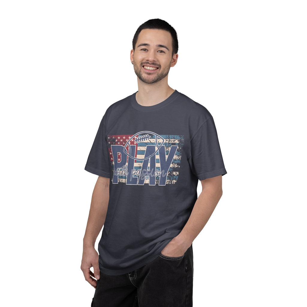 Play With Passion Football Textured Tee — Vintage American Flag Sports Tee