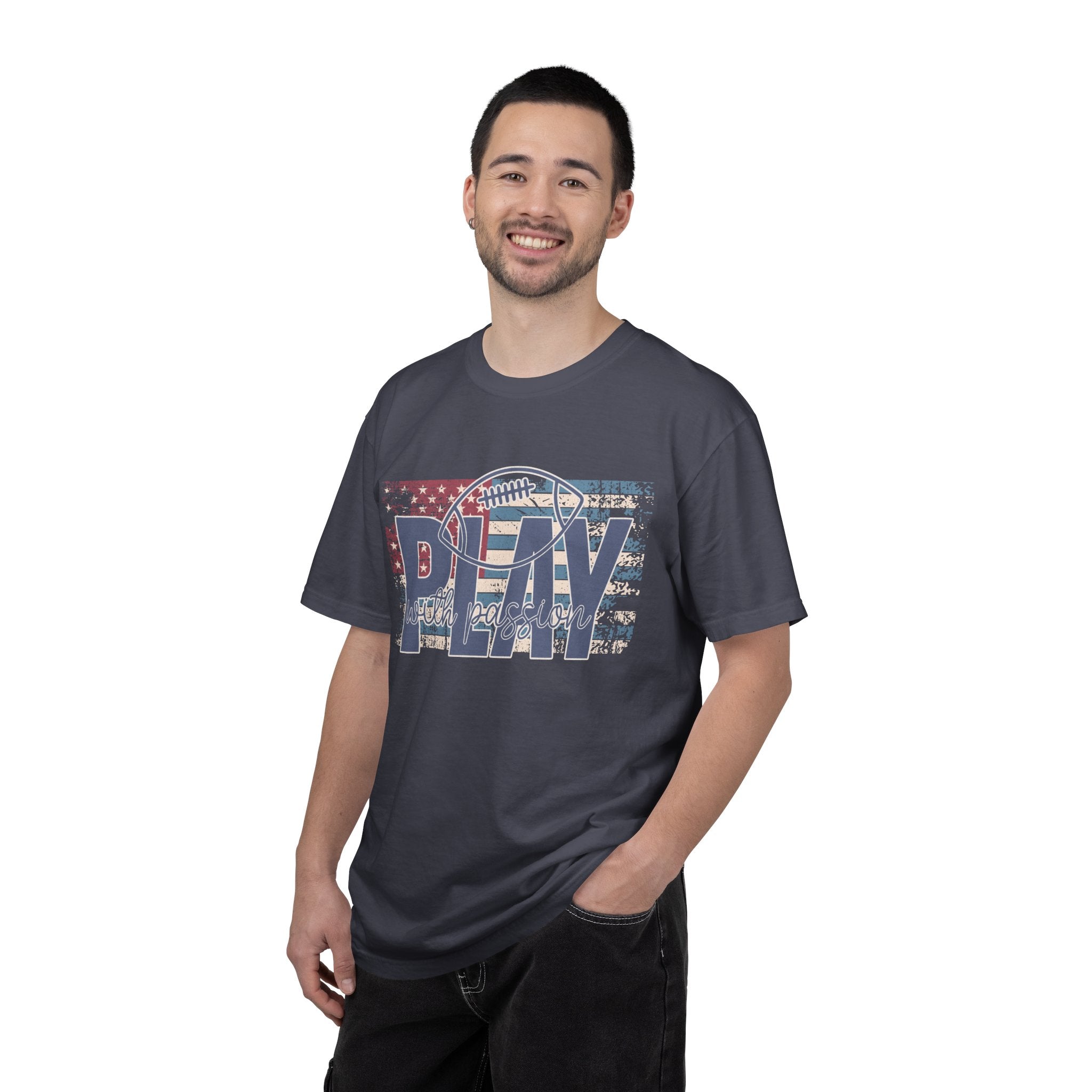 Play With Passion Football Textured Tee — Vintage American Flag Sports Tee